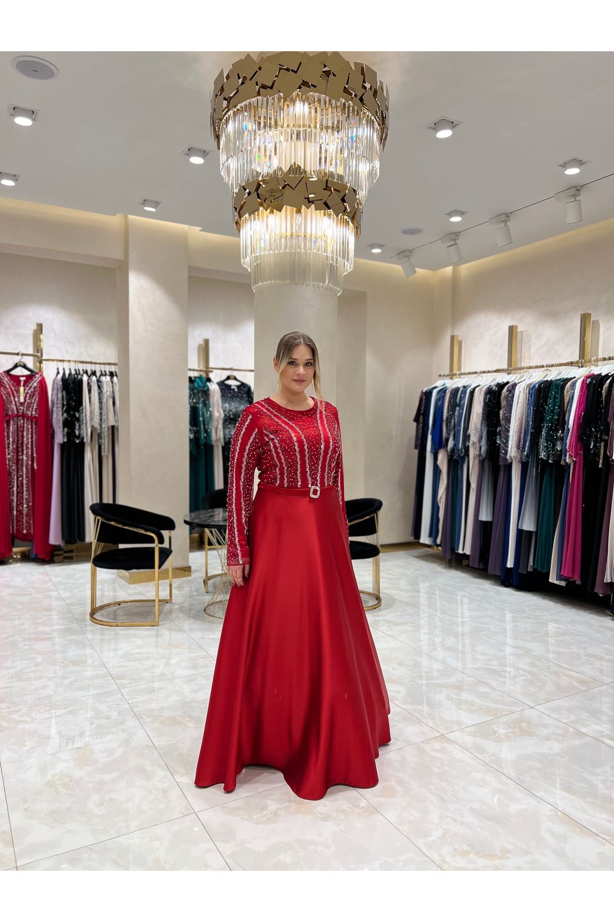 Balerina Taş İşlemeli Tokalı Büyük Beden Saten Abiye Elbise