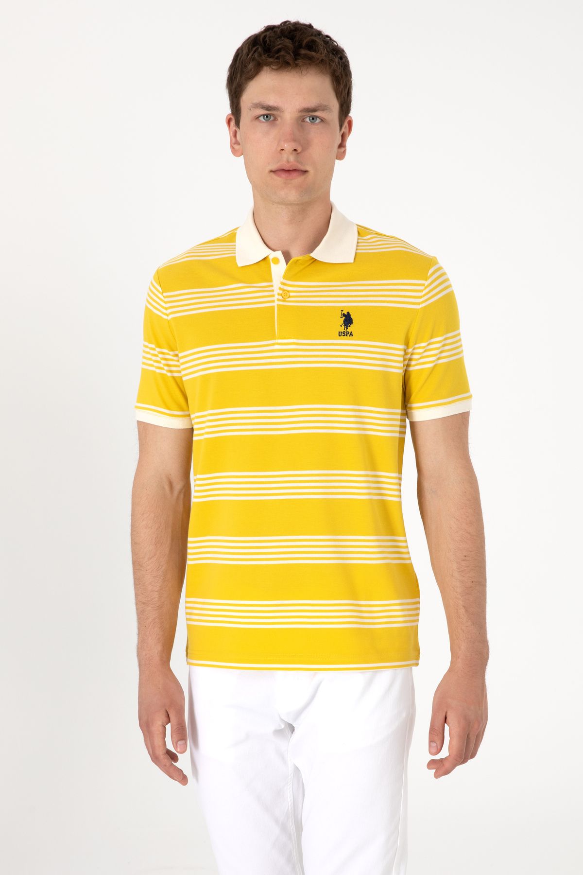 U.S. Polo Assn. Erkek Regular Fit Polo Yaka Sarı Çizgili Tişört 50306826-vr094
