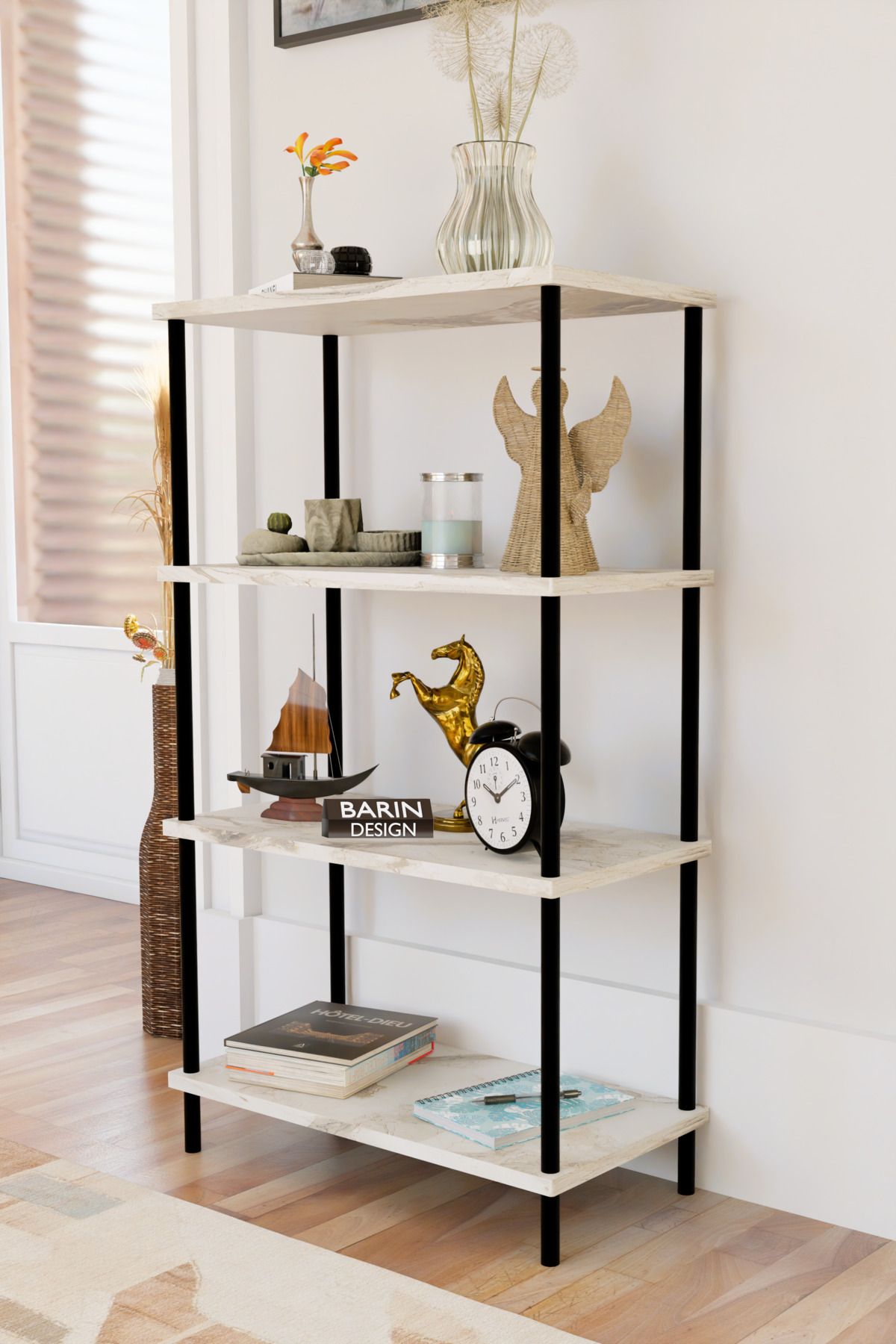 BARIN DESIGN 4 Katlı Çevir-Kur Sistemli Kitaplık Raf Metal Gövdeli Ahşap Raflı Çok Amaçlı Düzenleyici RafÜnitesi