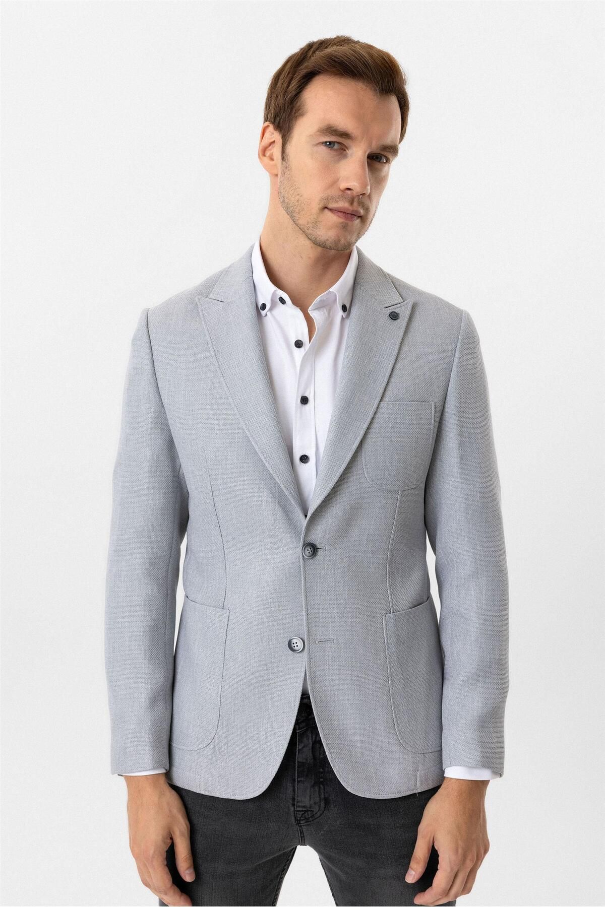 SÜVARİ-Süvari Slim Fit 6 Drop Gray Patterned Single Jacket 6