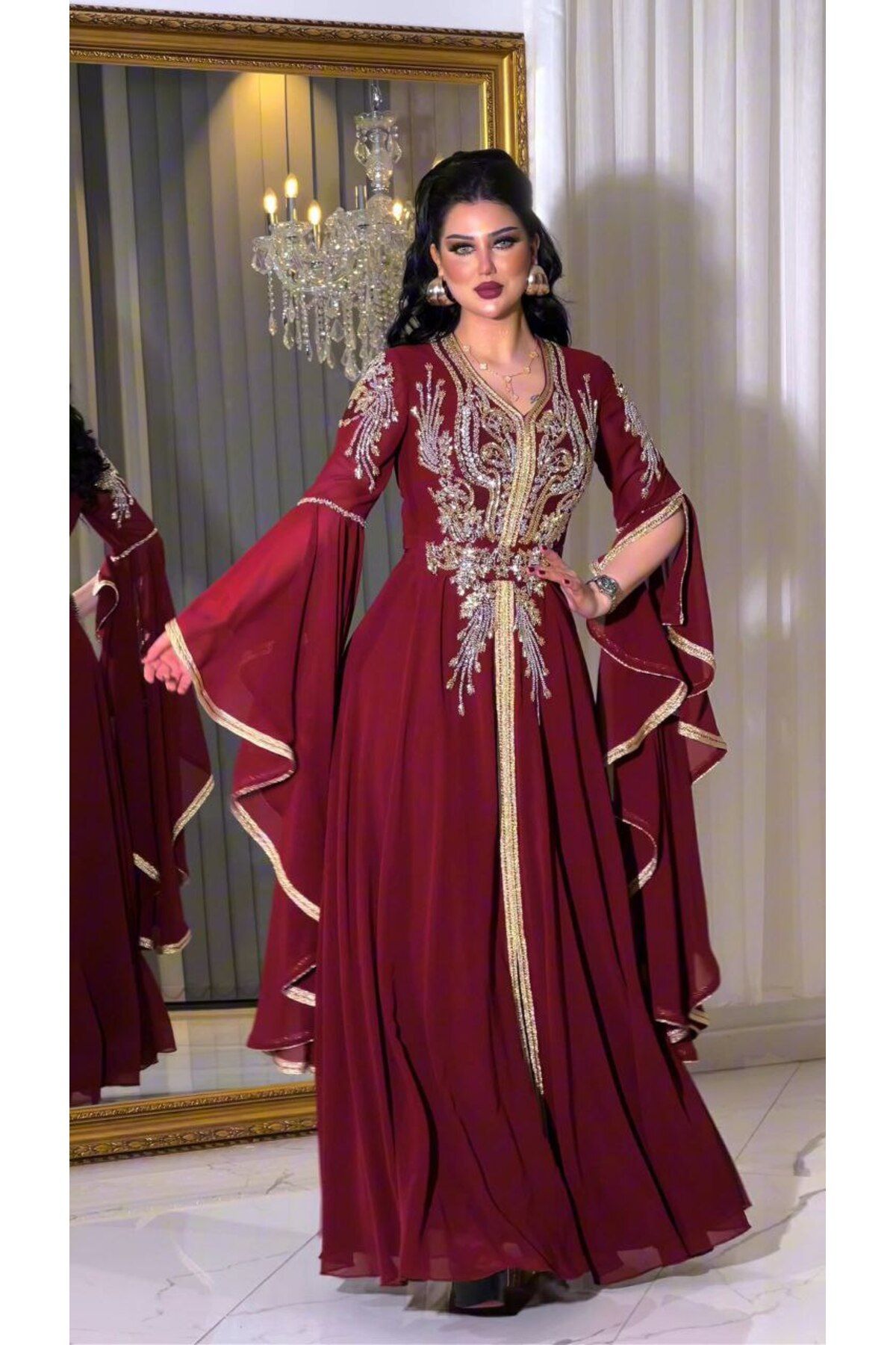 ZENABİYEM Zena Fashion Gold İşlemeli Kol Detaylı Kloş Abiye Yöresel