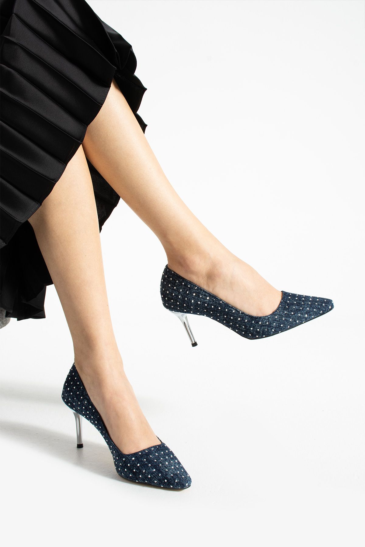 Güllü Shoes Mavi Kot Taşlı 7 cm Vegan Deri Topuklu Ayakkabı | Rahat, Şık, Günlük ve Özel Gün Kadın Ayakkabısı