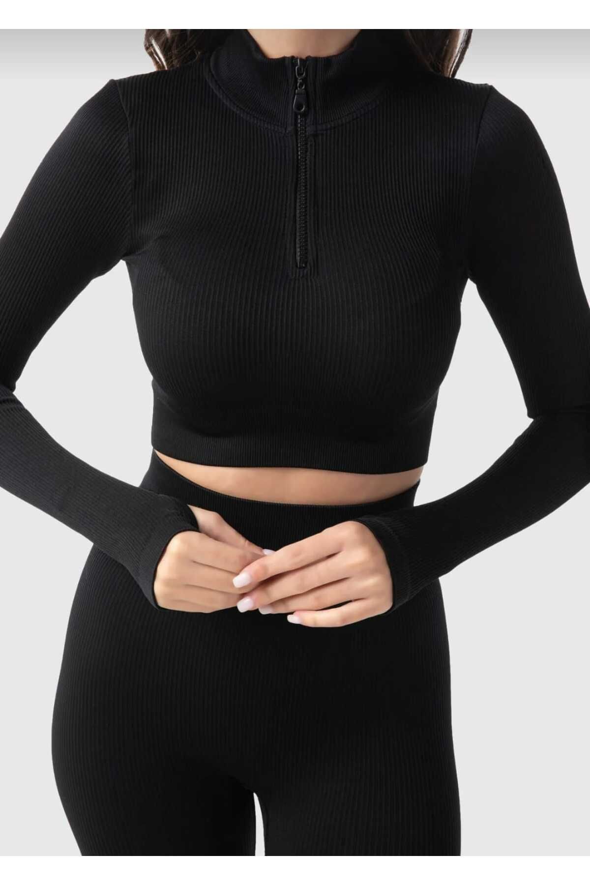 Gezen Çorap Kadın Siyah Spor Takım Yüksek Bel Tayt Takım Fermuarlı Crop Toparlayıcı Dikişsiz Spor Kıyafeti