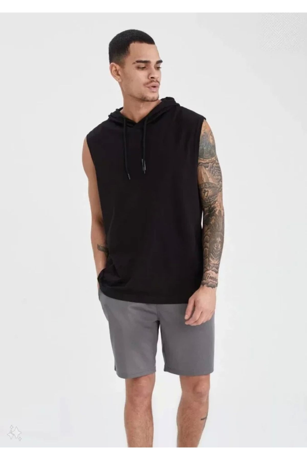 Silerra Unisex Kapşonlu Kolsuz Düz Oversize T-shirt - Siyah
