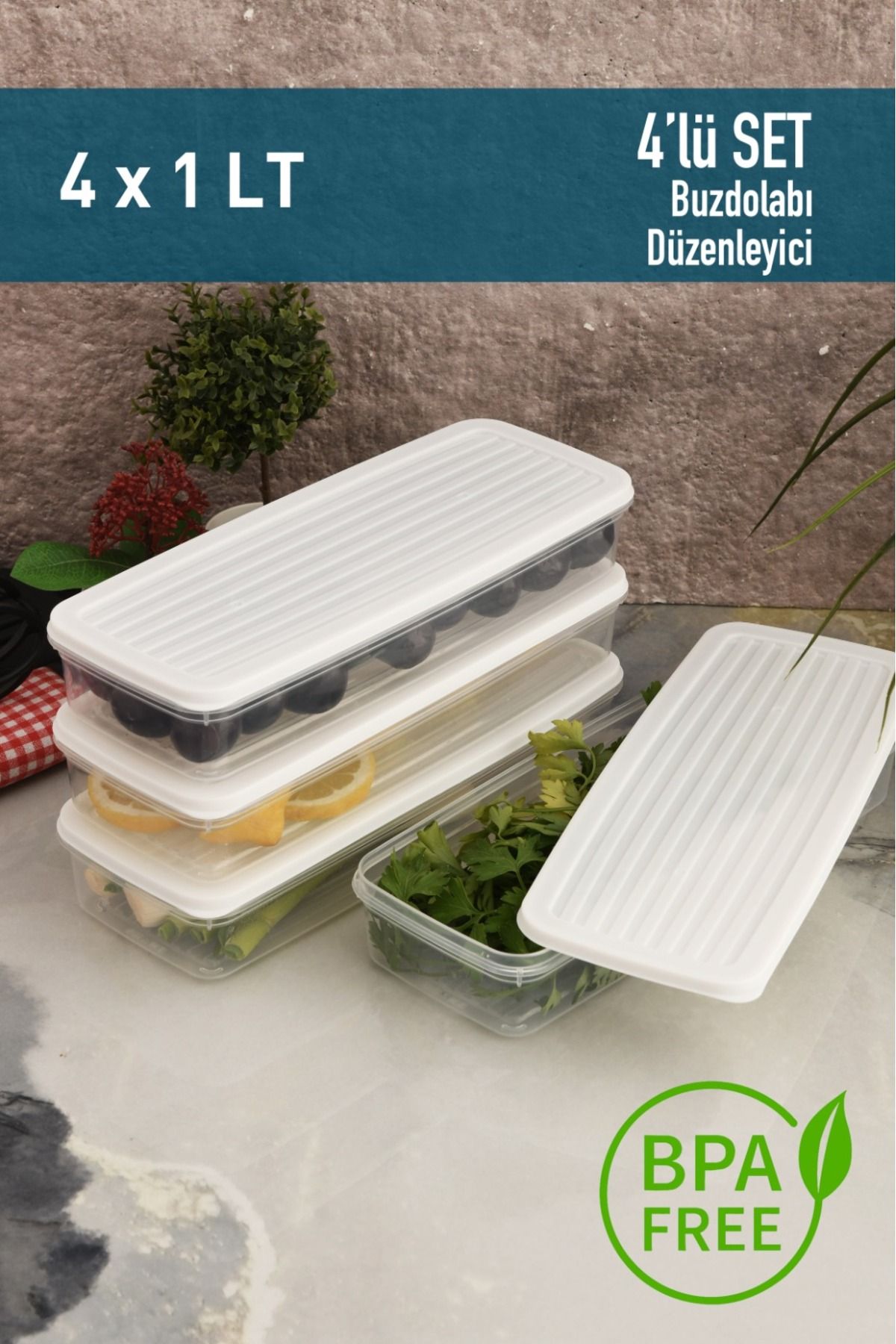 Leila 4'lü Beyaz Kapaklı Saklama Kabı, Buzdolabı Organizer Mikrodalga Ve Difrize Uygun 4LT