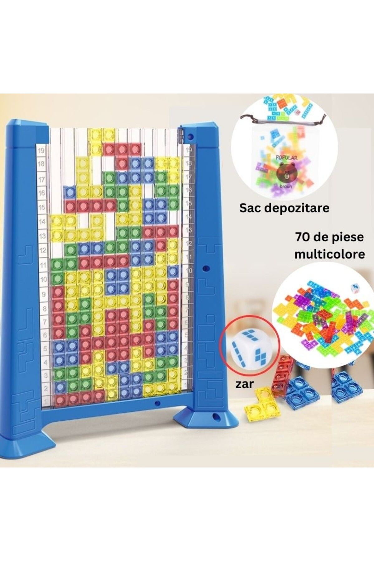 Flippy-Joc Tetris Tangram, 70 Piese Multicolore 3d, Plastic, Zar, Sac Depozitare, 6 Ani, Albastru 2