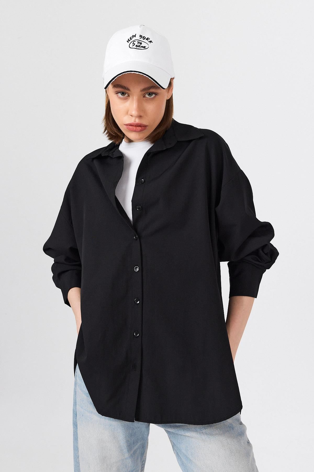 Rays Siyah Oversize Basic Uzun Gömlek 4664A