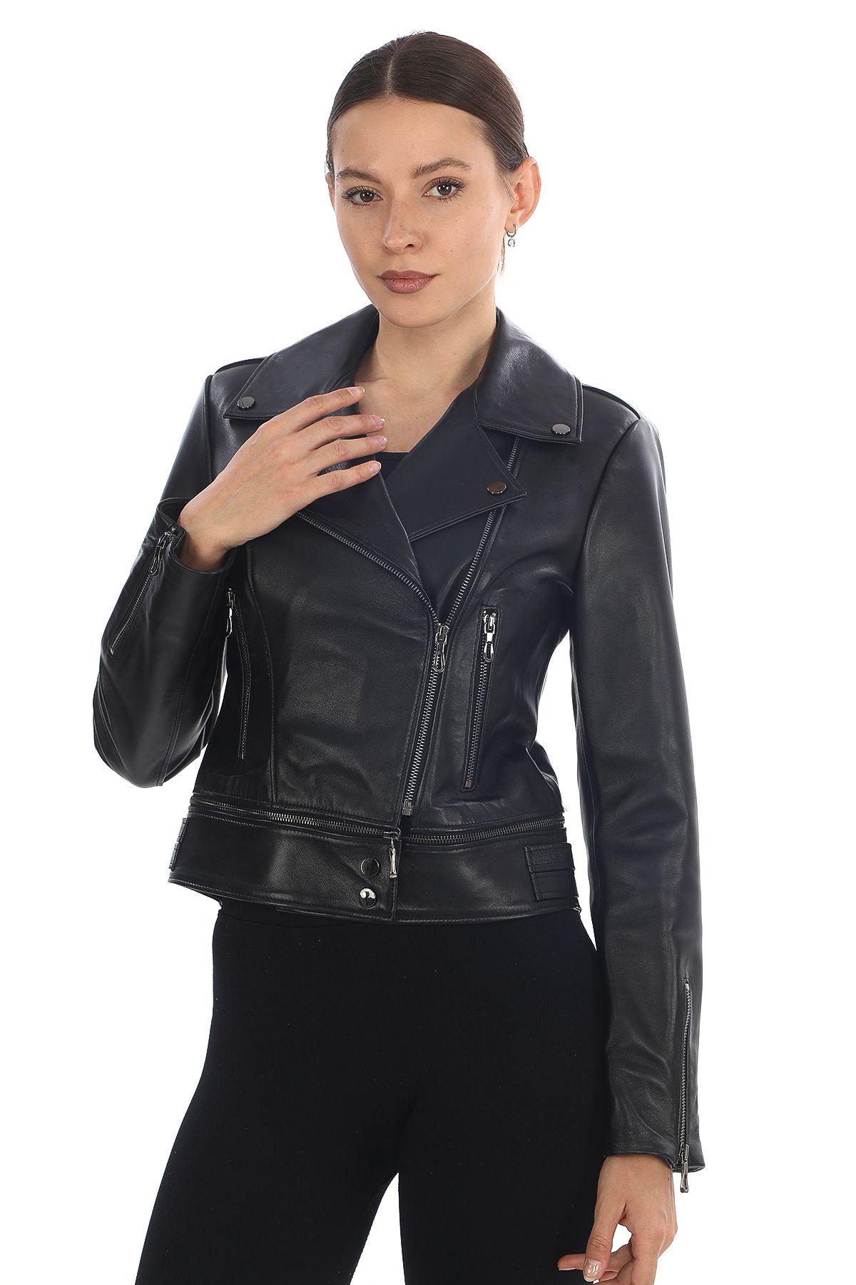 NEWZAYA Kadın Hakiki Deri Biker Model Fermuarlı Siyah Kısa Ceket