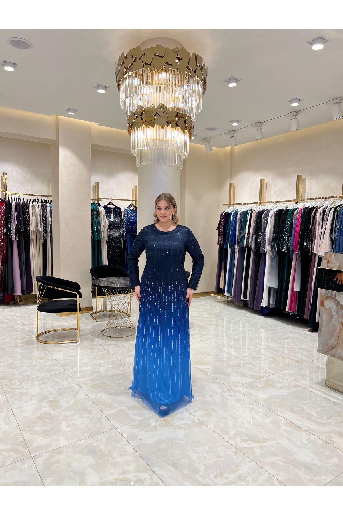 Balerina Taş İşlemeli Degradeli Büyük Beden Tül Abiye Elbise