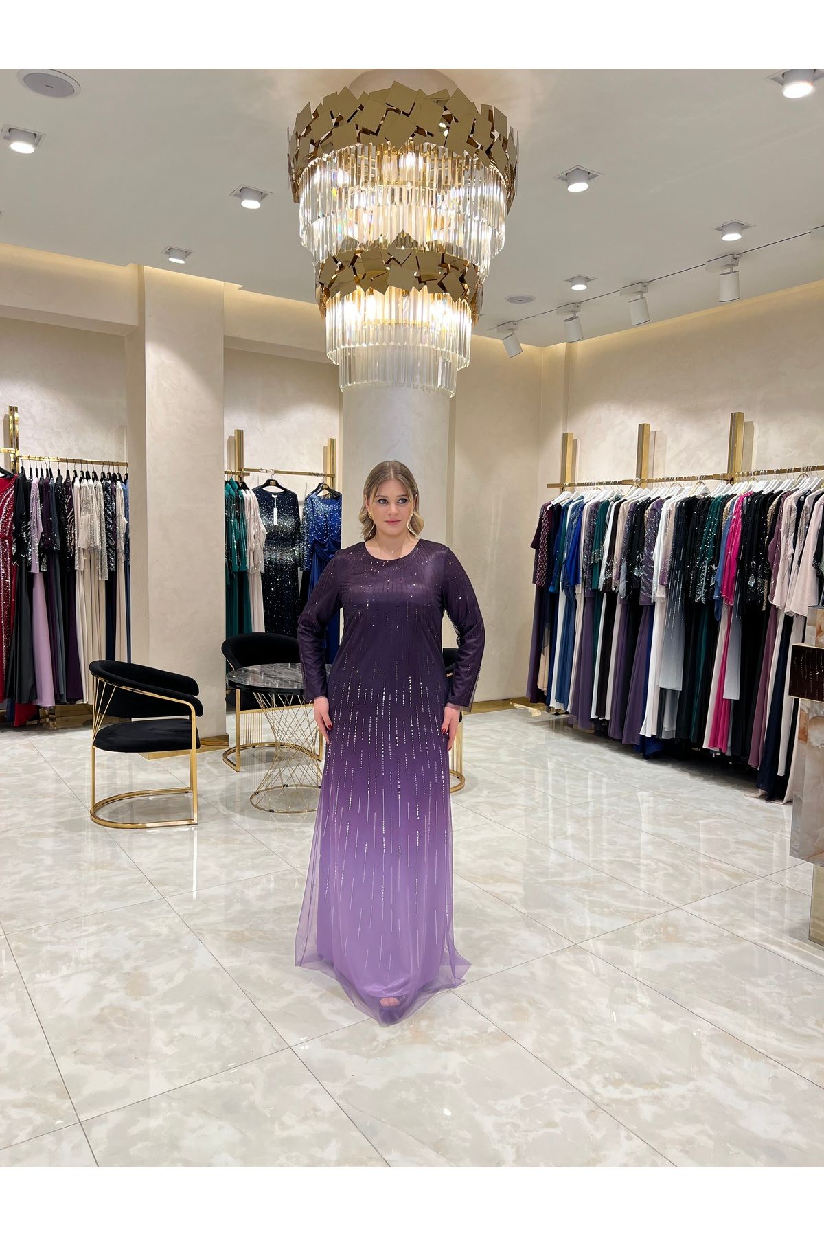 Balerina Taş İşlemeli Degradeli Büyük Beden Tül Abiye Elbise