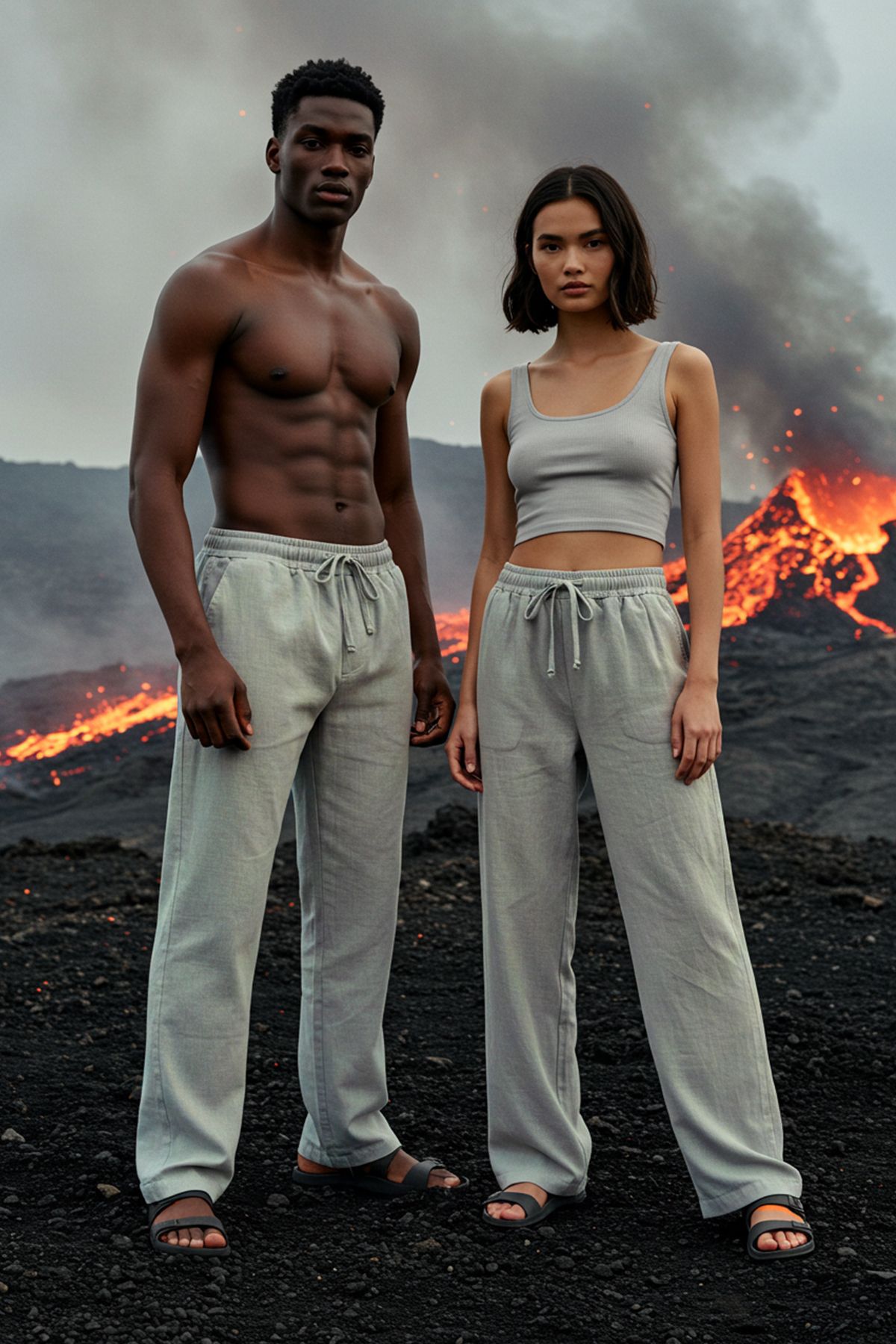 DARK AND BRIGHT Unisex Keten Pantolon Beli Lastikli Bol Paça