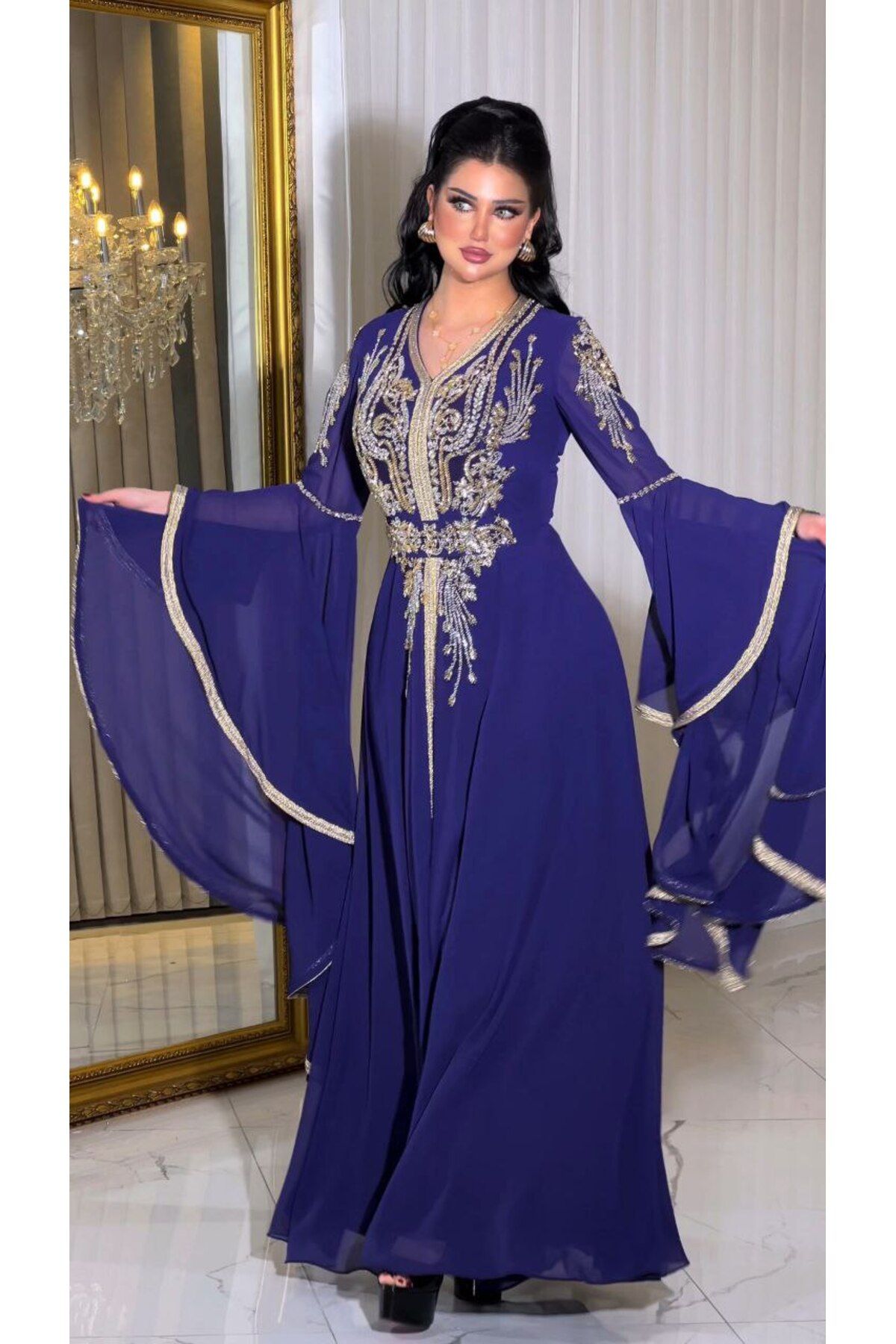 ZENABİYEM Zena Fashion Gold İşlemeli Kol Detaylı Kloş Abiye Yöresel