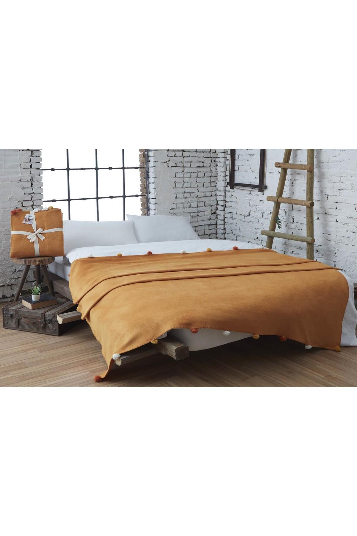 Dolce Bonita Home Tek Kişilik Ponponlu Pike Battaniye 150x200 Hardal