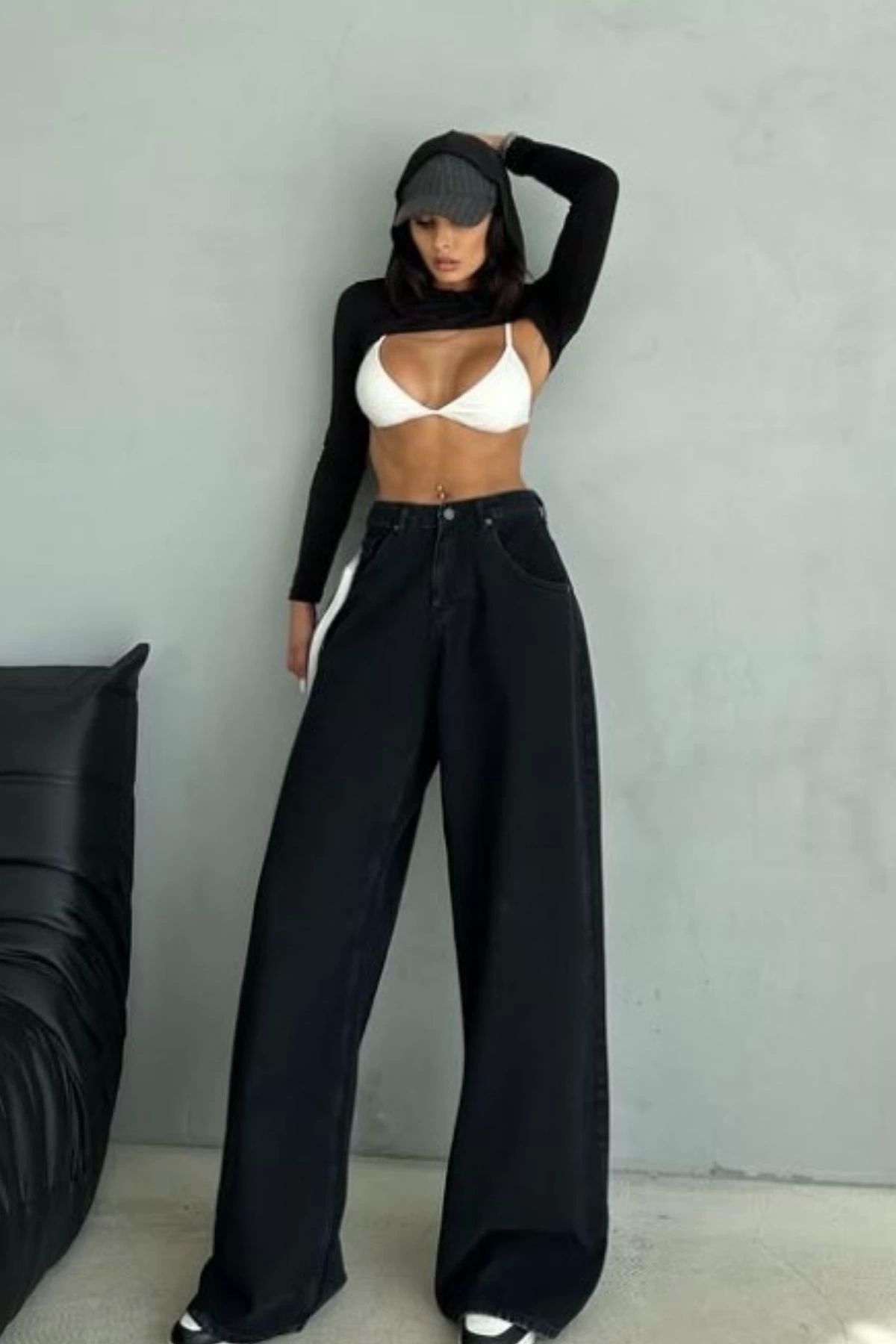 Tam12den Home Kadın Yüksek Bel Geniş Baggy Paça Jean Kot Pantolon Siyah
