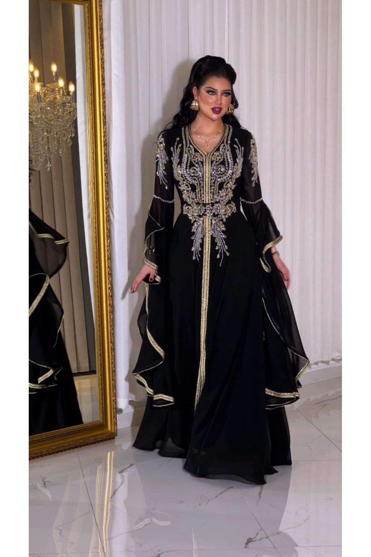 ZENABİYEM Zena Fashion Gold İşlemeli Kol Detaylı Kloş Abiye Yöresel
