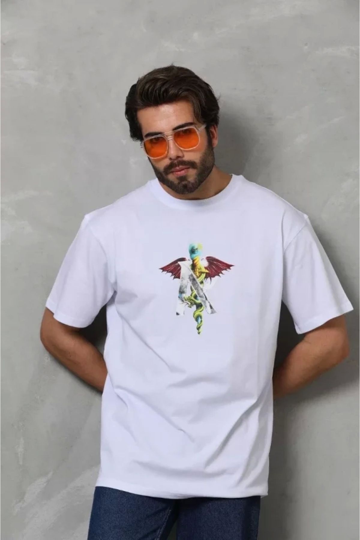Silerra Unisex Bisiklet Yaka Baskılı Oversize T-Shirt - Beyaz
