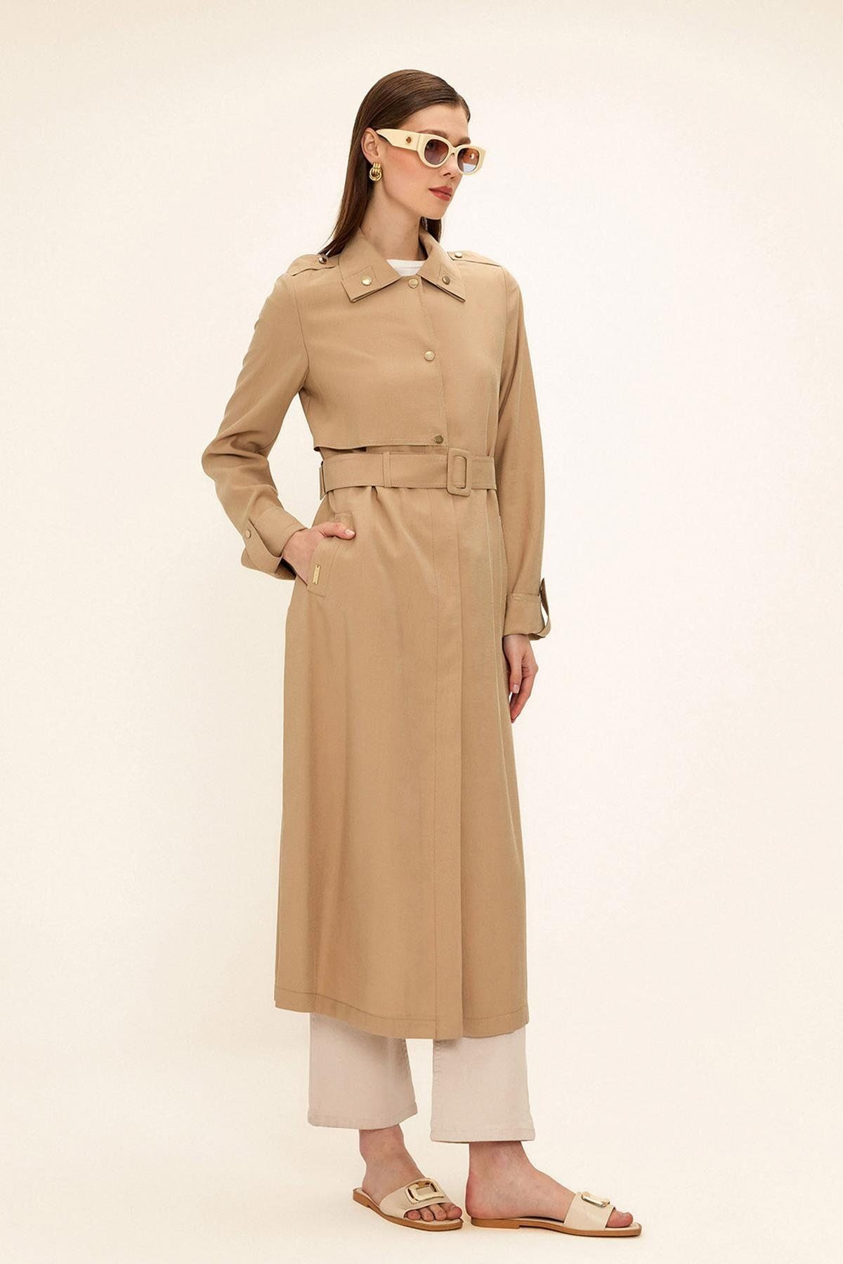 Olcay-Unlined Modal Trench Coat with Contrast Stitching Detail Beige 6717 4