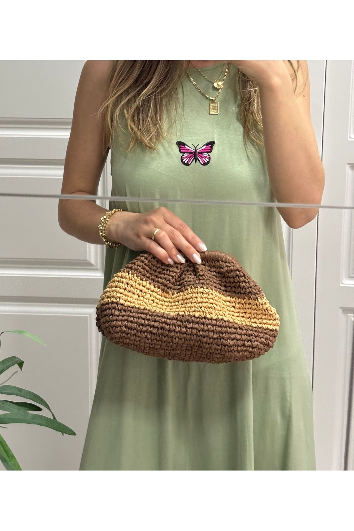 örgü İçi Astarlı Burslu Hasır Örme Mini Kahve Clutch El Çantası