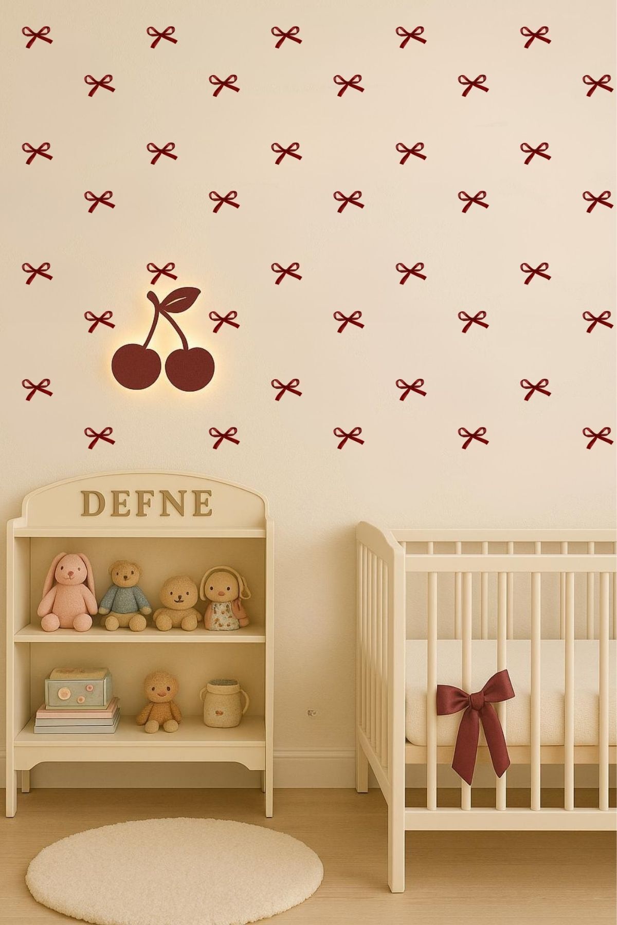 Tasarım Kırmızı Fiyonk Çocuk Odası Duvar Sticker Seti, Cam Sticker
