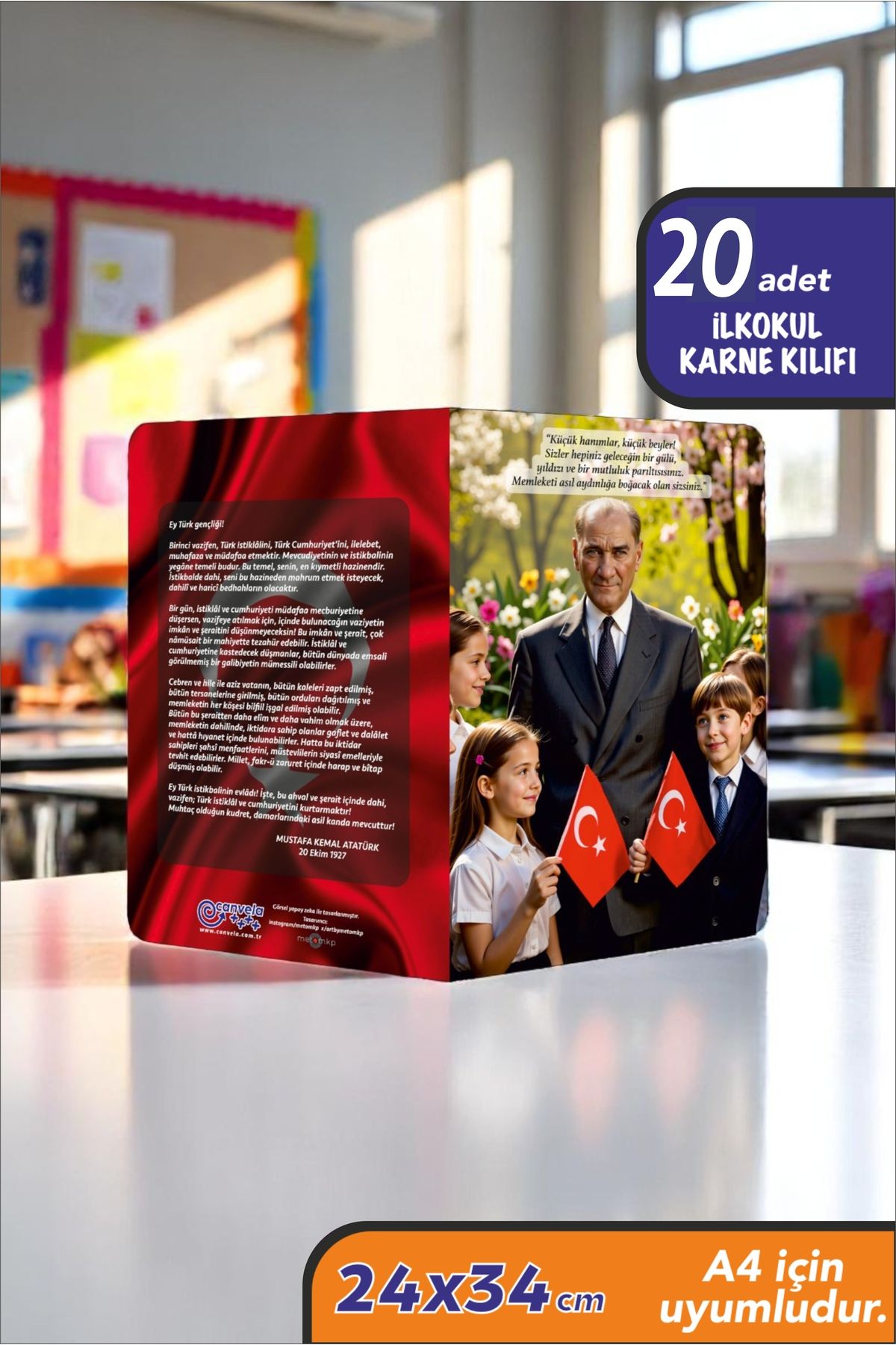 İstisna 20 Adet Mustafa Kemal Atatürk ve Gençliğe Hitabe Yazılı A4 İlkokul Karne Kılıfı Karne Süsleme 24x34