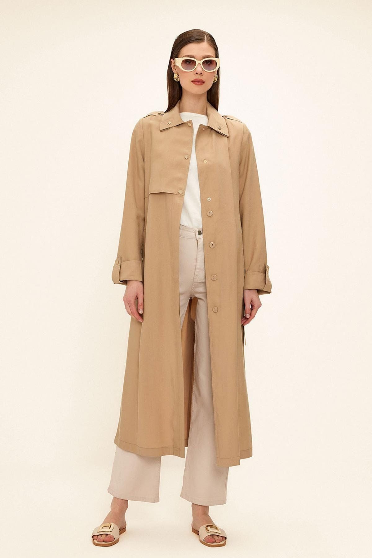 Olcay-Unlined Modal Trench Coat with Contrast Stitching Detail Beige 6717 5