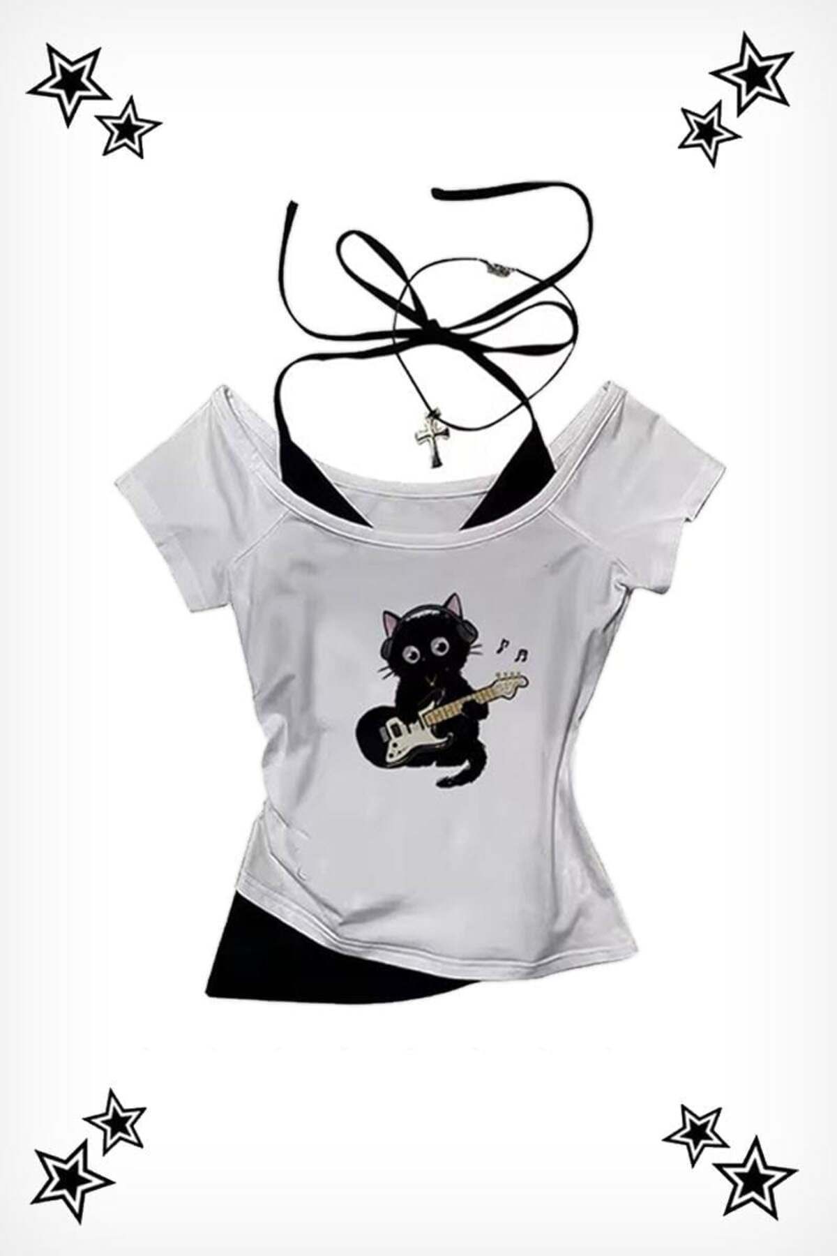 Karakedi Guitar Black Cat Madonna Yaka Ek Parçalı Bağlamalı Siyah Beyaz Kısa Kollu Body