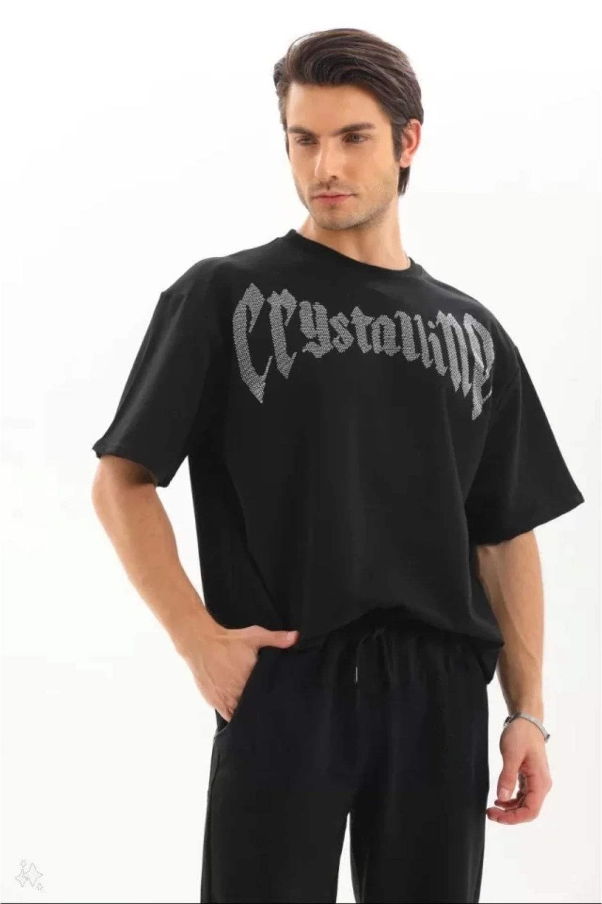 Silerra Unisex Oversize Taşlı T-Shirt - Siyah