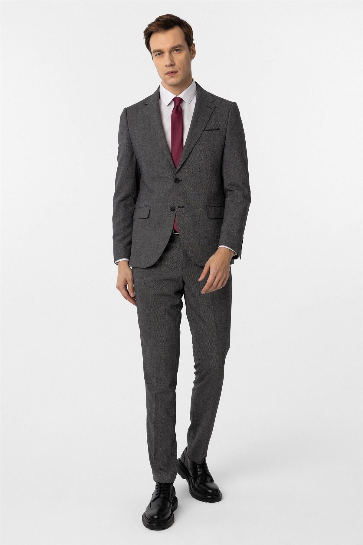 SÜVARİ Siyah Slim Fit Desenli Mono Yaka 6 Drop Klasik Takım Elbise