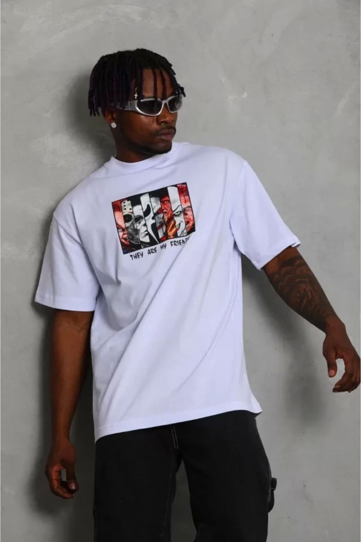 Silerra Unisex Oversize Baskılı Bisiklet Yaka T-Shirt - Beyaz