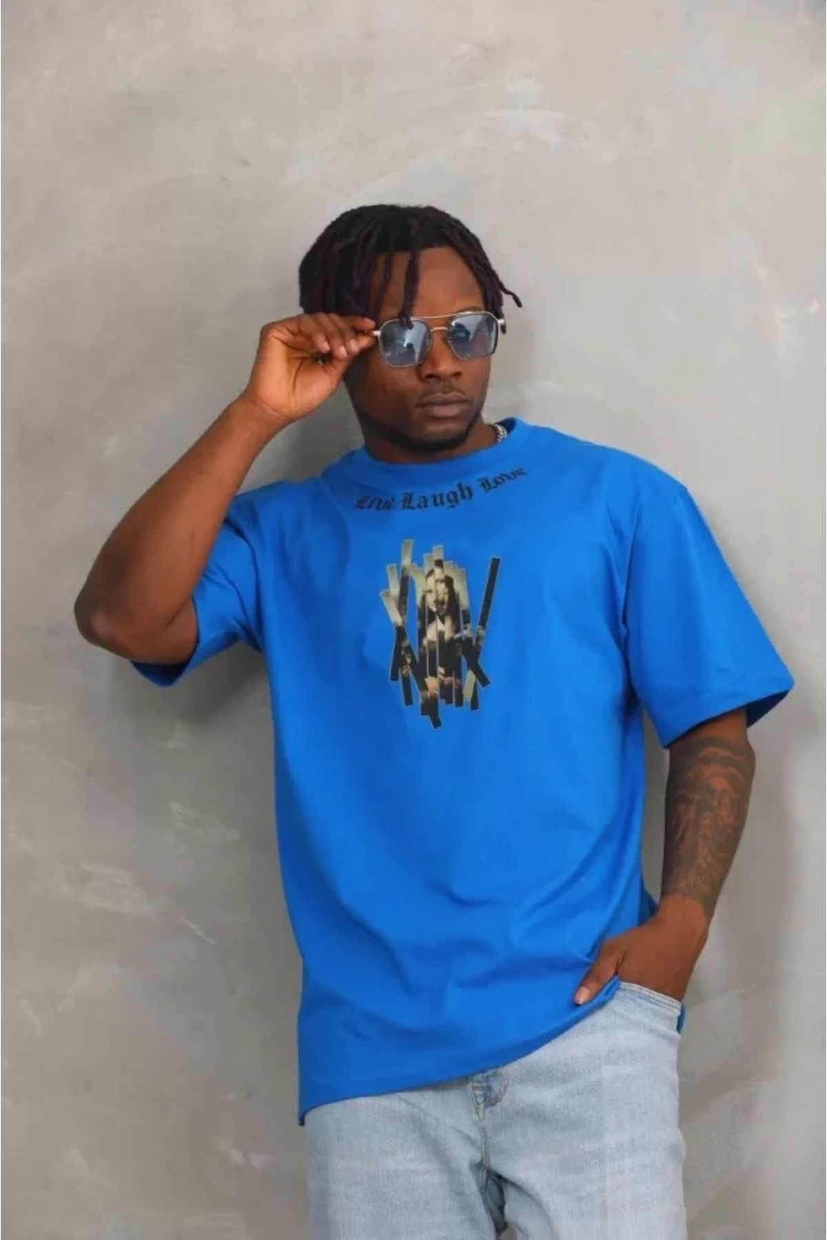 Silerra Unisex Oversize Baskılı Bisiklet Yaka T-Shirt - Mavi