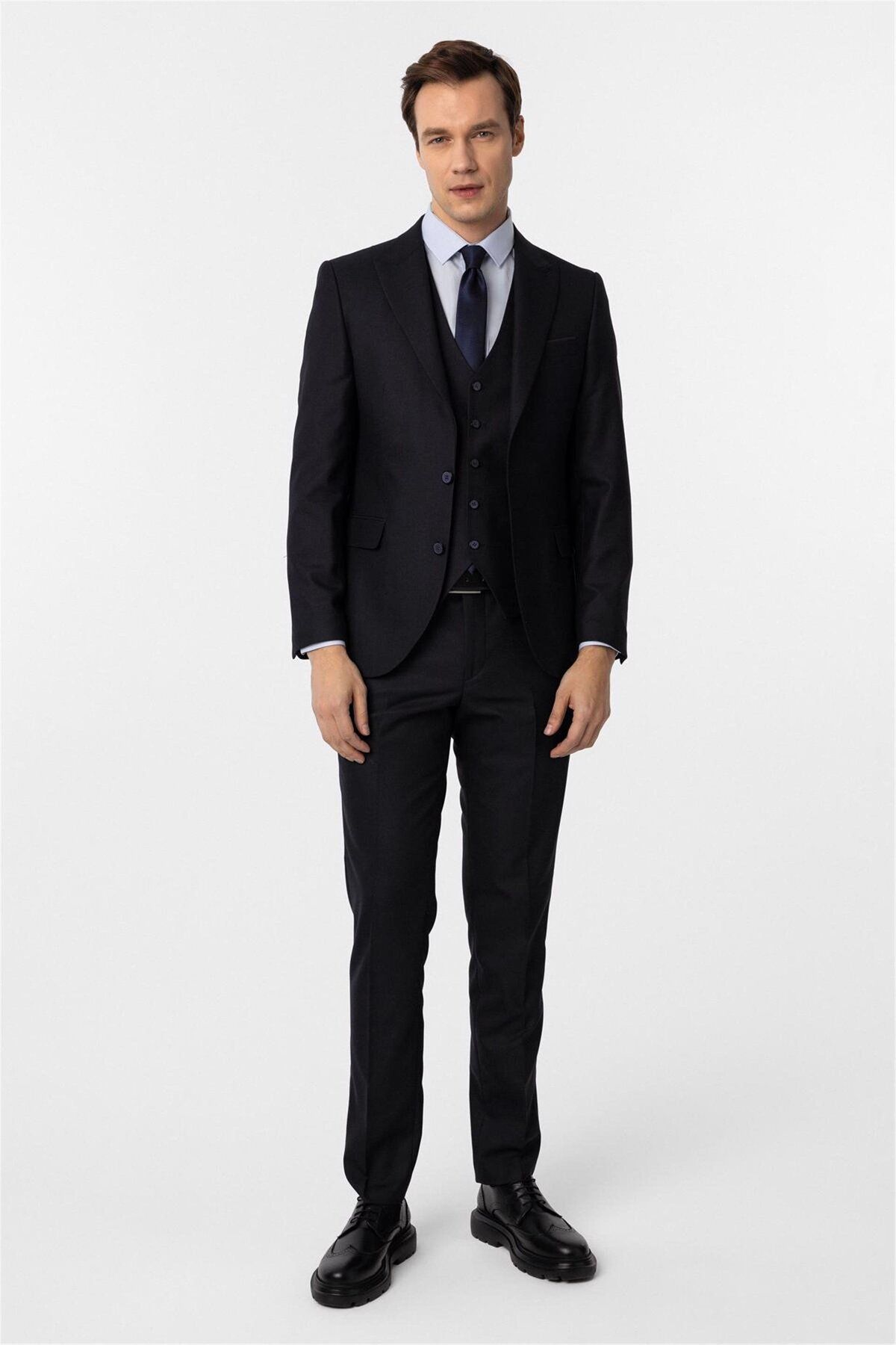 SÜVARİ Lacivert Slim Fit Desenli Sivri Yaka 6 Drop Yelekli Klasik Takım Elbise