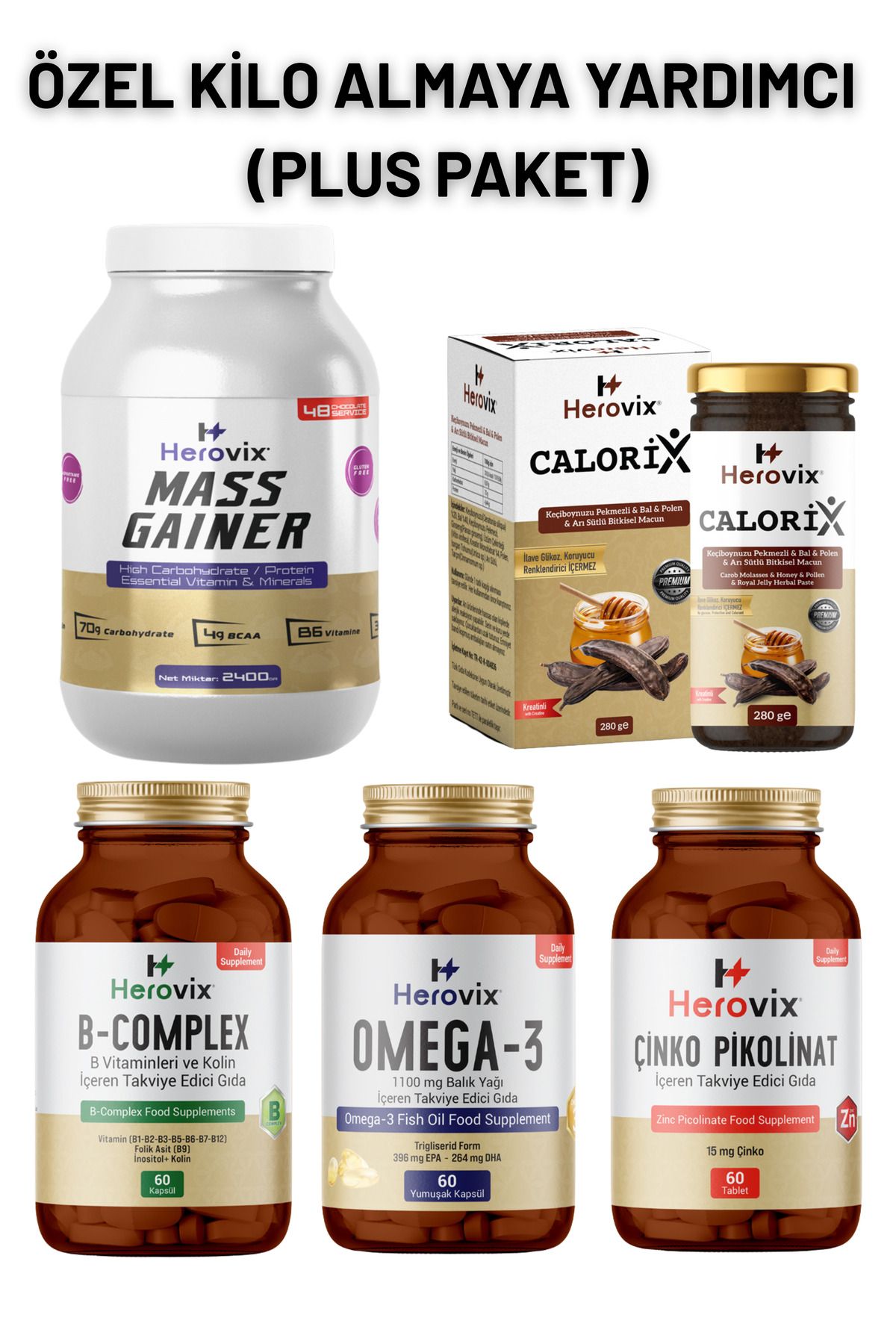 Herovix Kilo Almaya Yardımcı Set (Plus Paket) (Omega3, B Complex, Çinko, Calorix, Gainer 2400gr)
