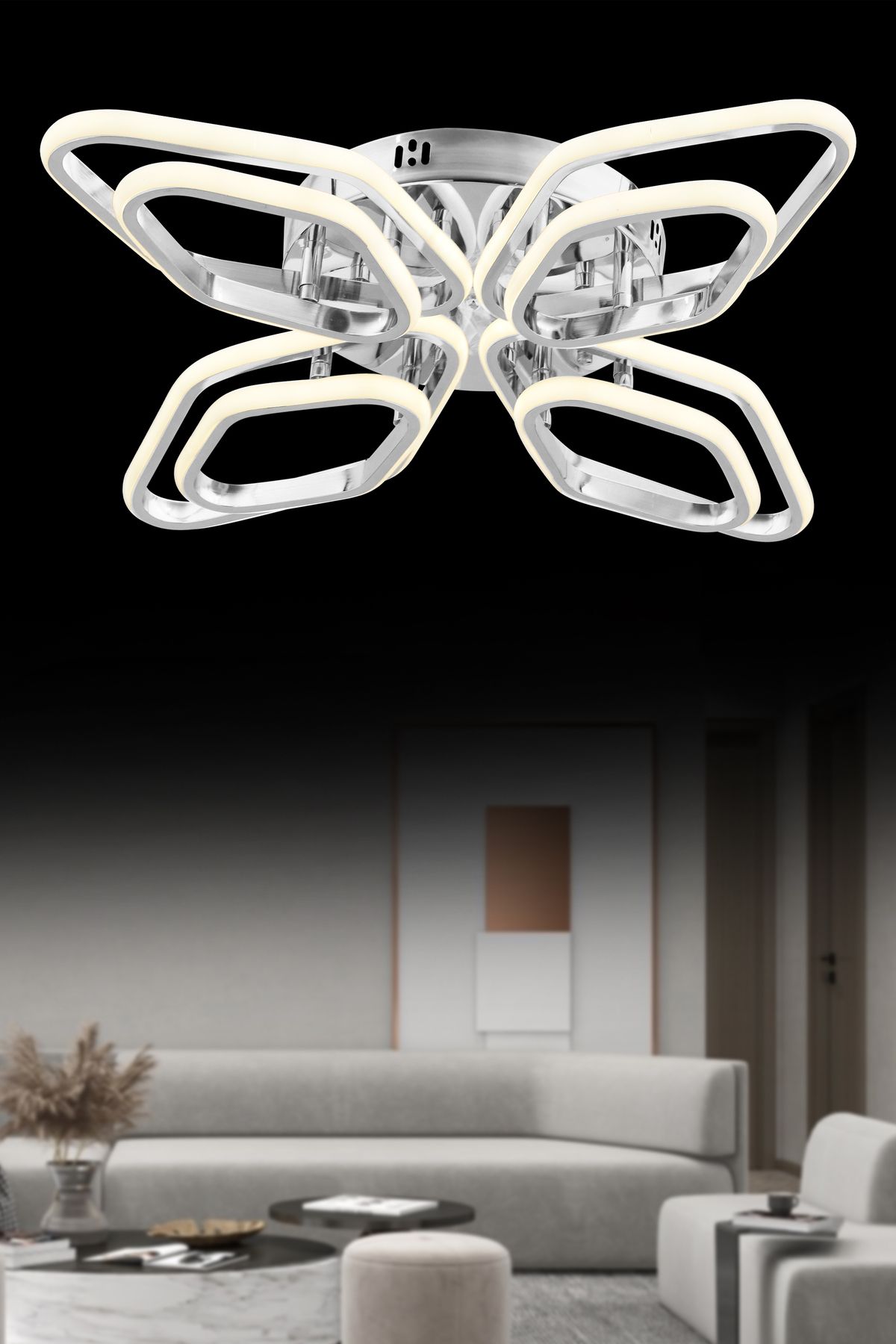 SEBA AYDINLATMA KELEBEK 4+4 KROM LED Kumandalı (Beyaz, Sarı, Gün Işığı) Salon Mutfak Oturma Odası Plafonyer SB-LD-51
