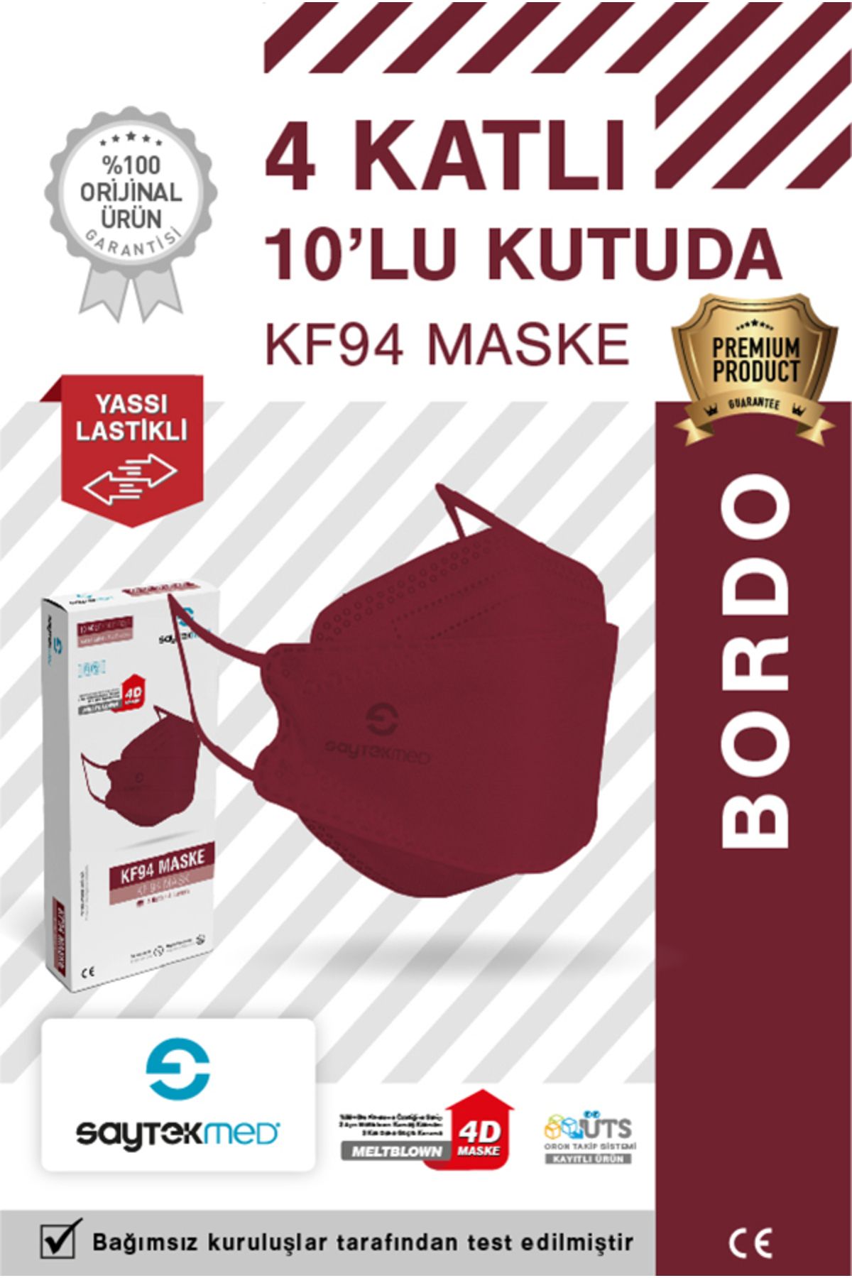 SAYTEKMED KF94 Kore Tipi 4 Katlı Bordo Maske Tekli Poşet, Uv Steril (10 ADET/1 KUTU)