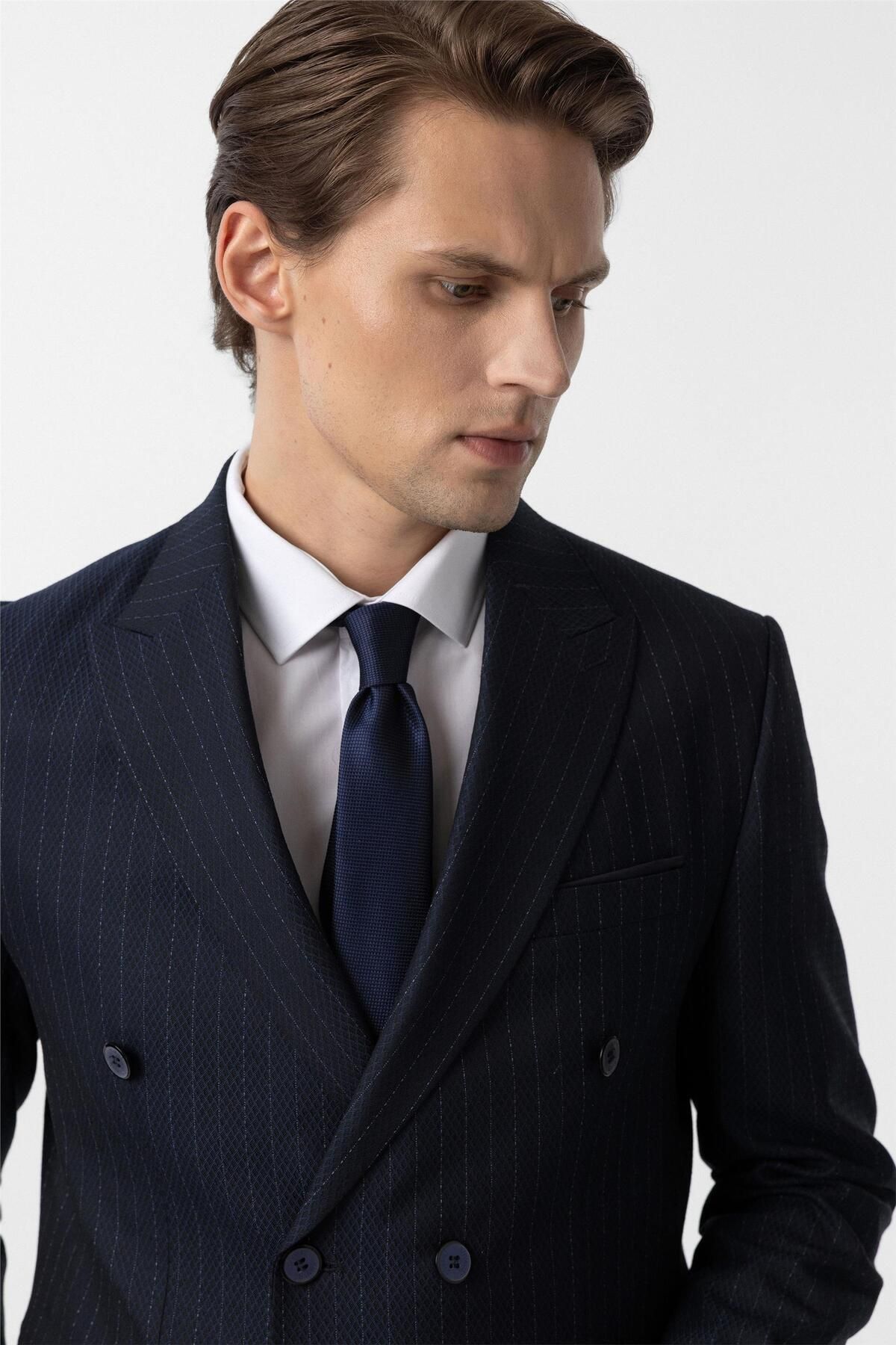 SÜVARİ-Süvari Slim Fit Navy Blue Double Breasted Striped Suit 4