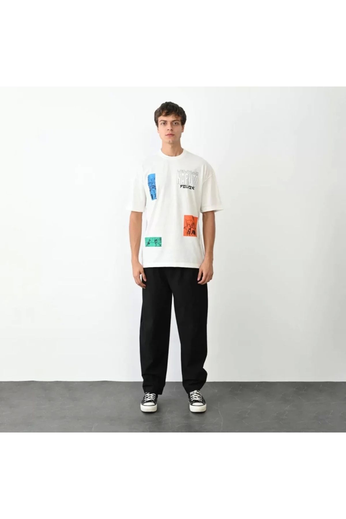 Silerra Unisex Bisiklet Yaka Baskılı Oversize T-Shirt - Beyaz