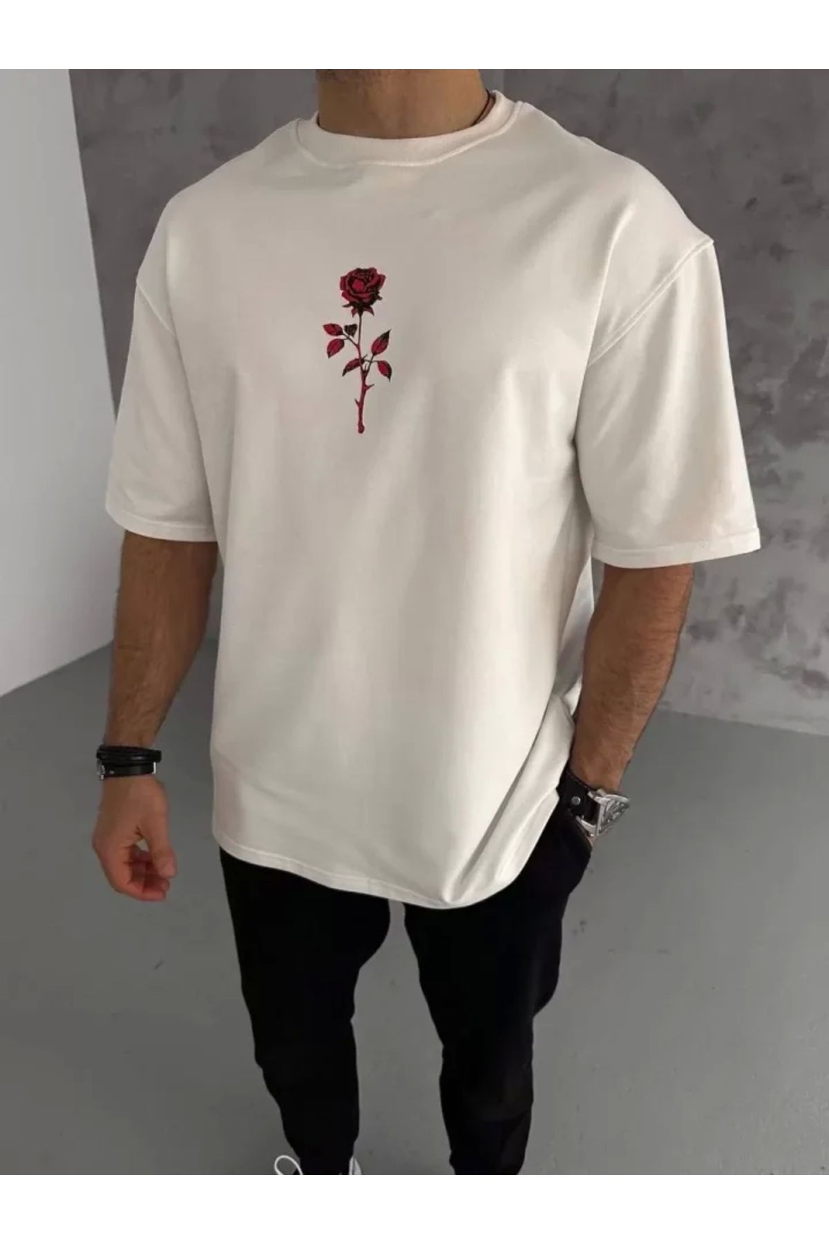 Silerra Unisex Bisiklet Yaka Baskılı Oversize T-Shirt - Beyaz
