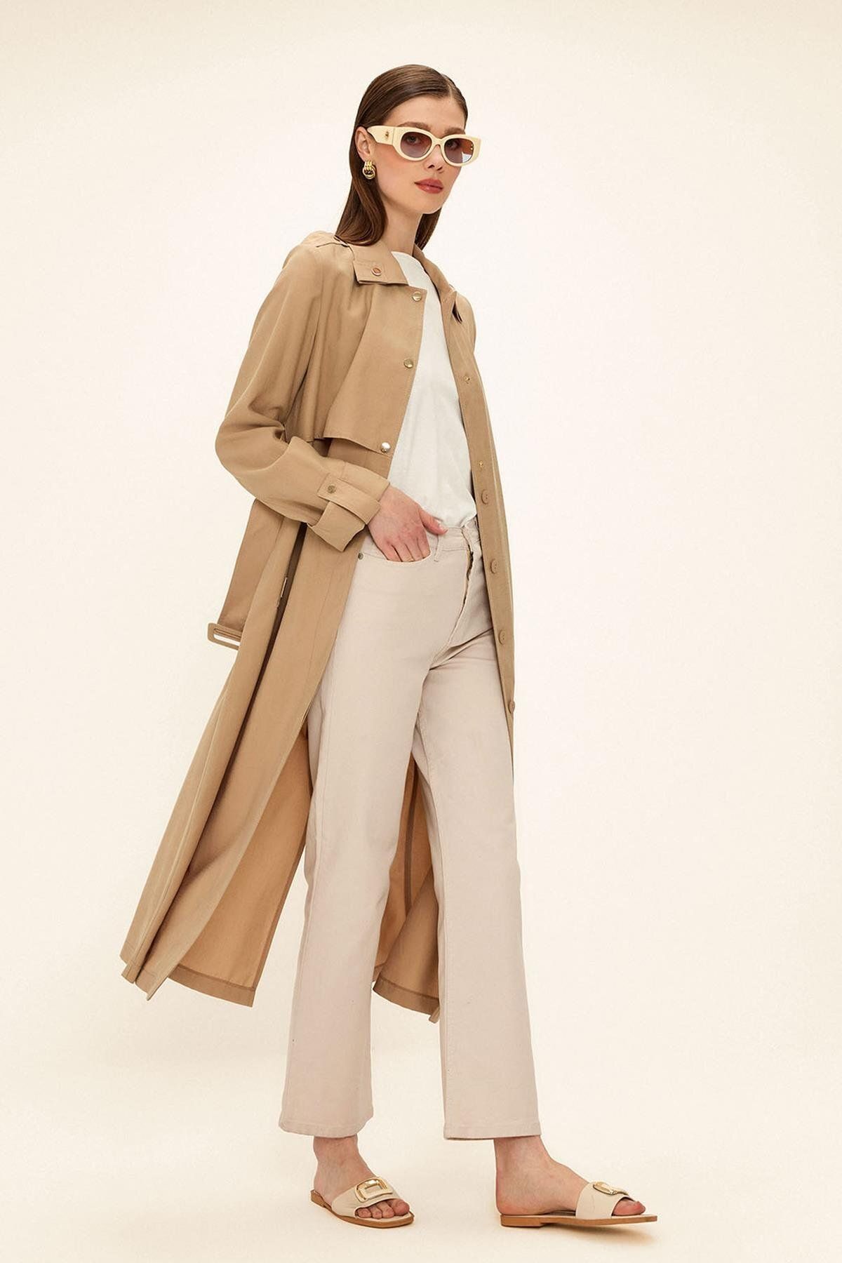 Olcay-Unlined Modal Trench Coat with Contrast Stitching Detail Beige 6717 7