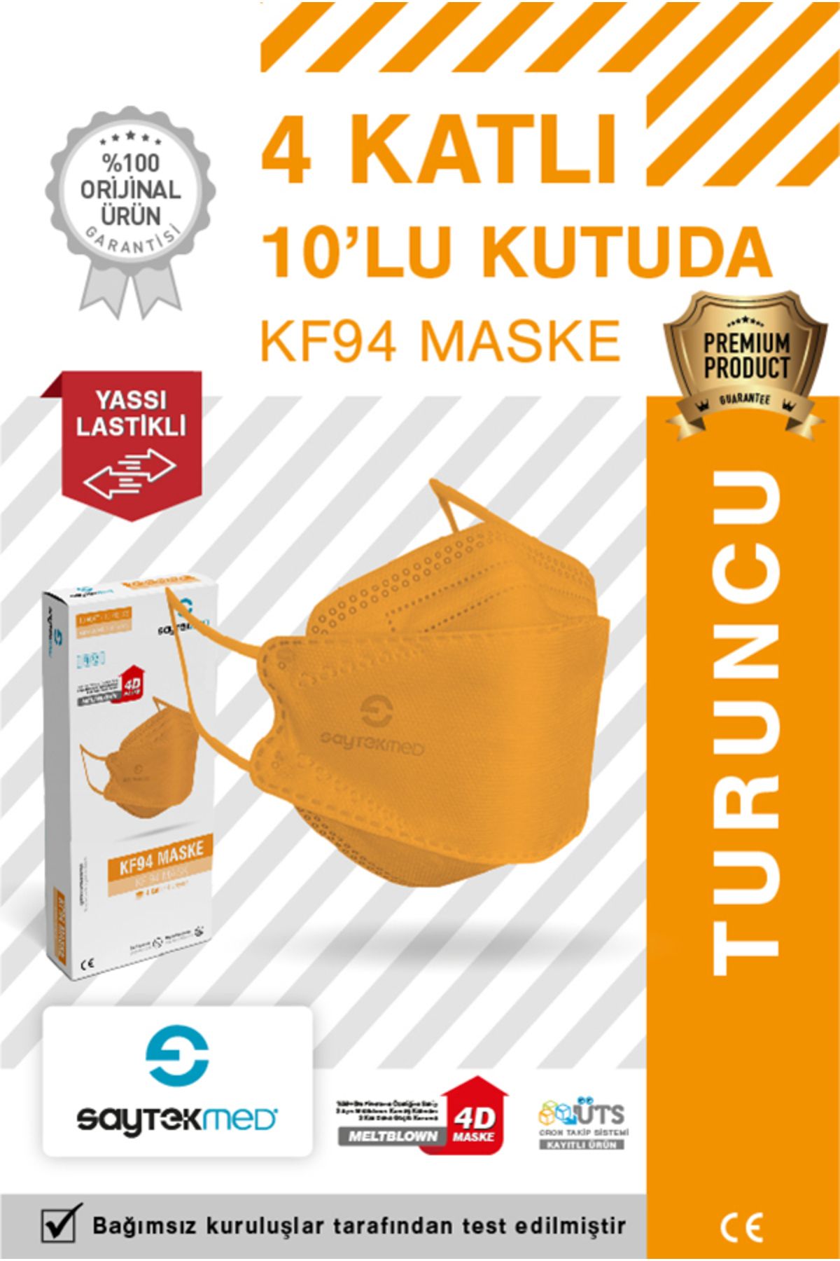 SAYTEKMED KF94 Kore Tipi 4 Katlı Turuncu Maske Tekli Poşet, Uv Steril (10 ADET/1 KUTU)