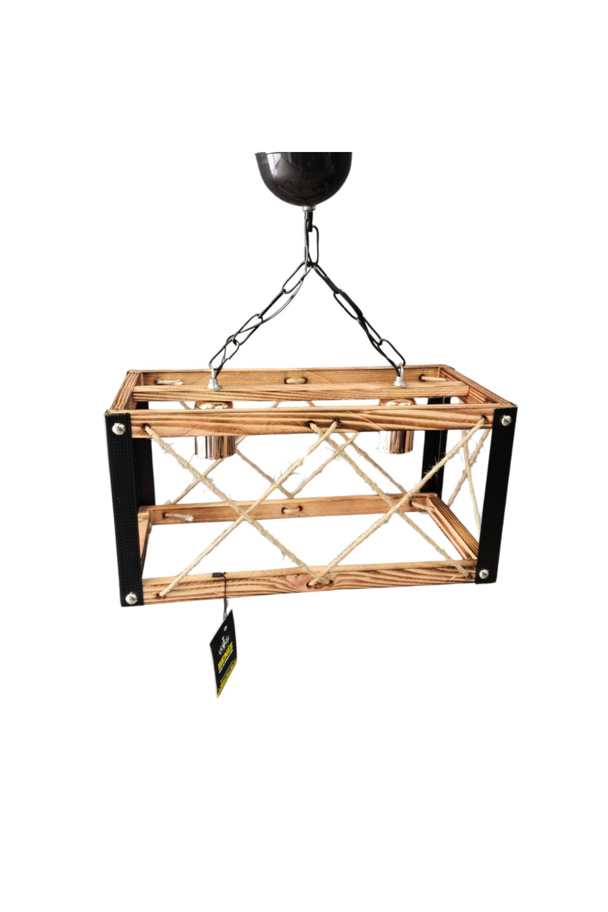 Avize Üçlü Kafes Avize, Ahşap Gövdeli, Metal Detaylı, Halat Örgülü