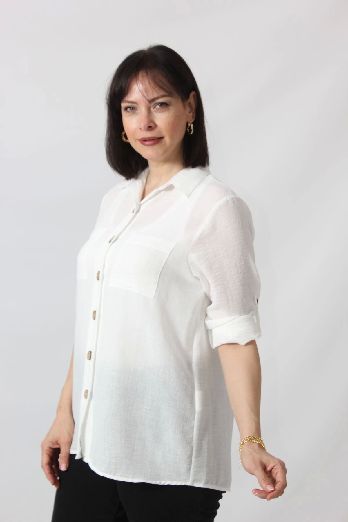 Moda Berray BB-077 BEYAZ PAMUK KETEN KOLU APOLETLİ İKİ CEPLİ KADIN BÜYÜK BEDEN GÖMLEK
