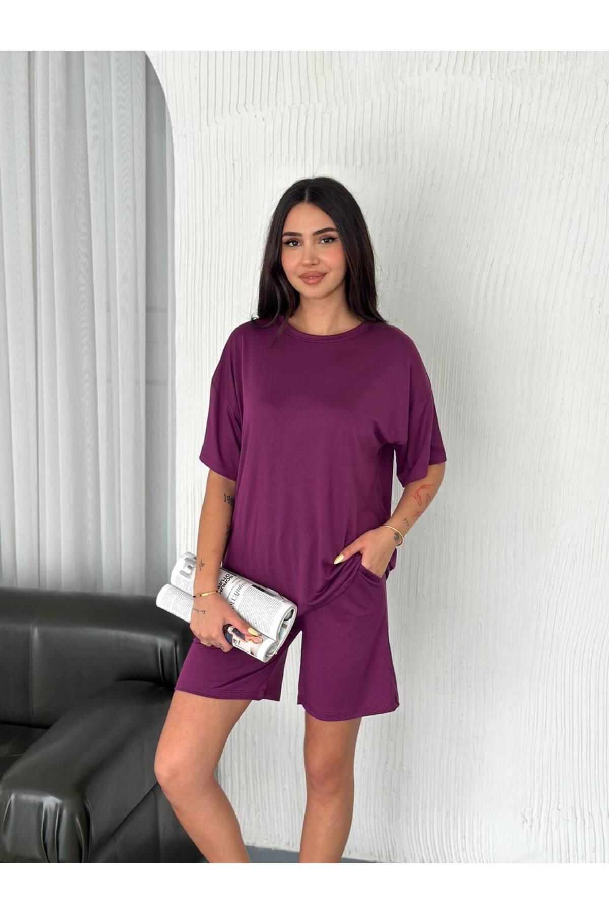 Güler Casual İkili Şortlu Takım Mor Renk