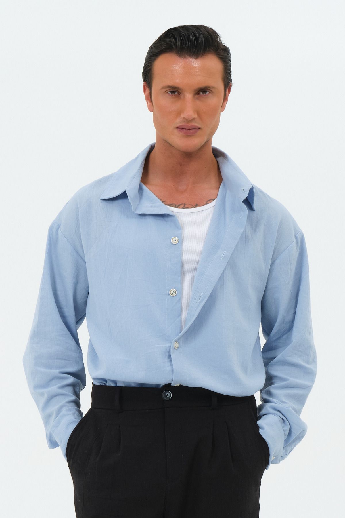 RELAXL %100 Pamuk Şile Bezi Retro Yaka Oversize Bebe Mavi Erkek Gömlek