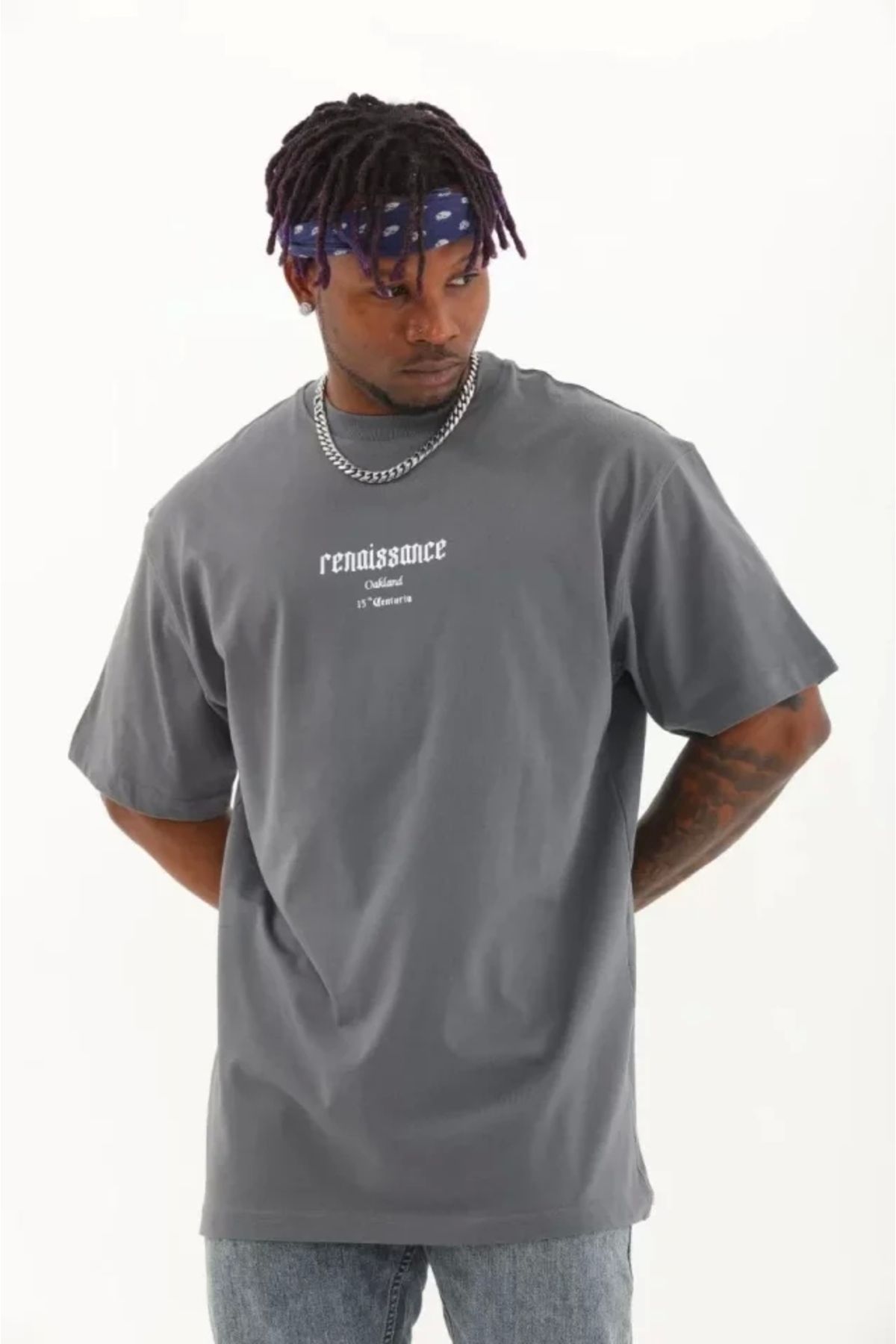 Silerra Unisex Oversize Baskılı Bisiklet Yaka T-Shirt - Füme