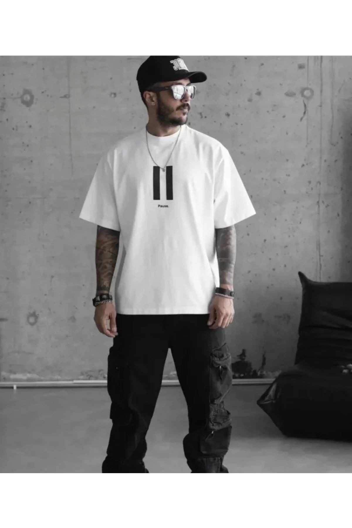Silerra Unisex Bisiklet Yaka Baskılı Oversize T-Shirt - Beyaz