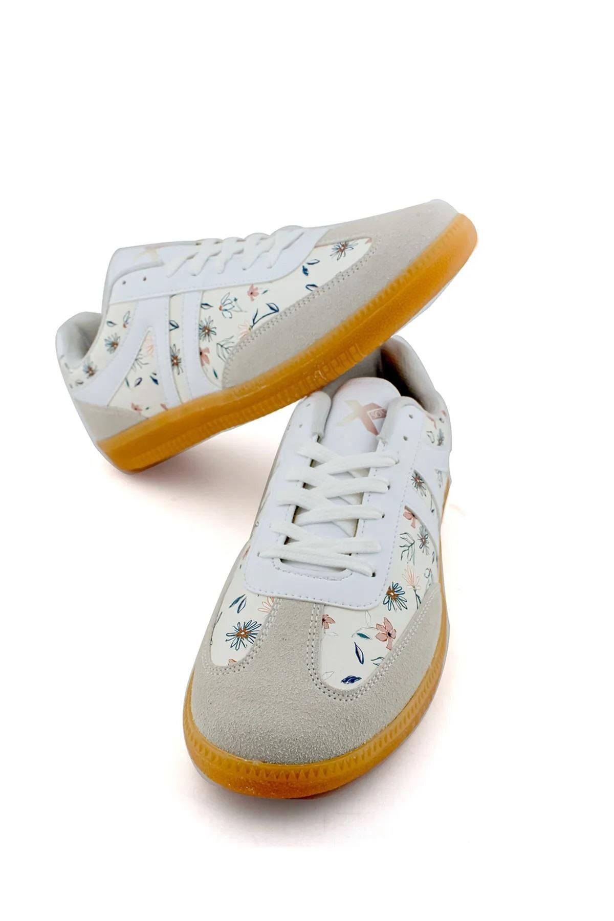 xson Dijital Baskı Kadın Bej-Çiçek Sneaker Ayakkabı