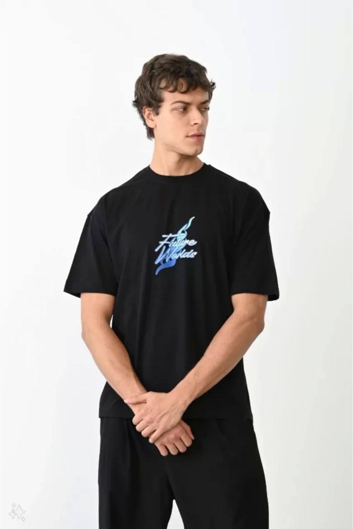 Silerra Unisex Bisiklet Yaka Baskılı Oversize T-Shirt - Siyah