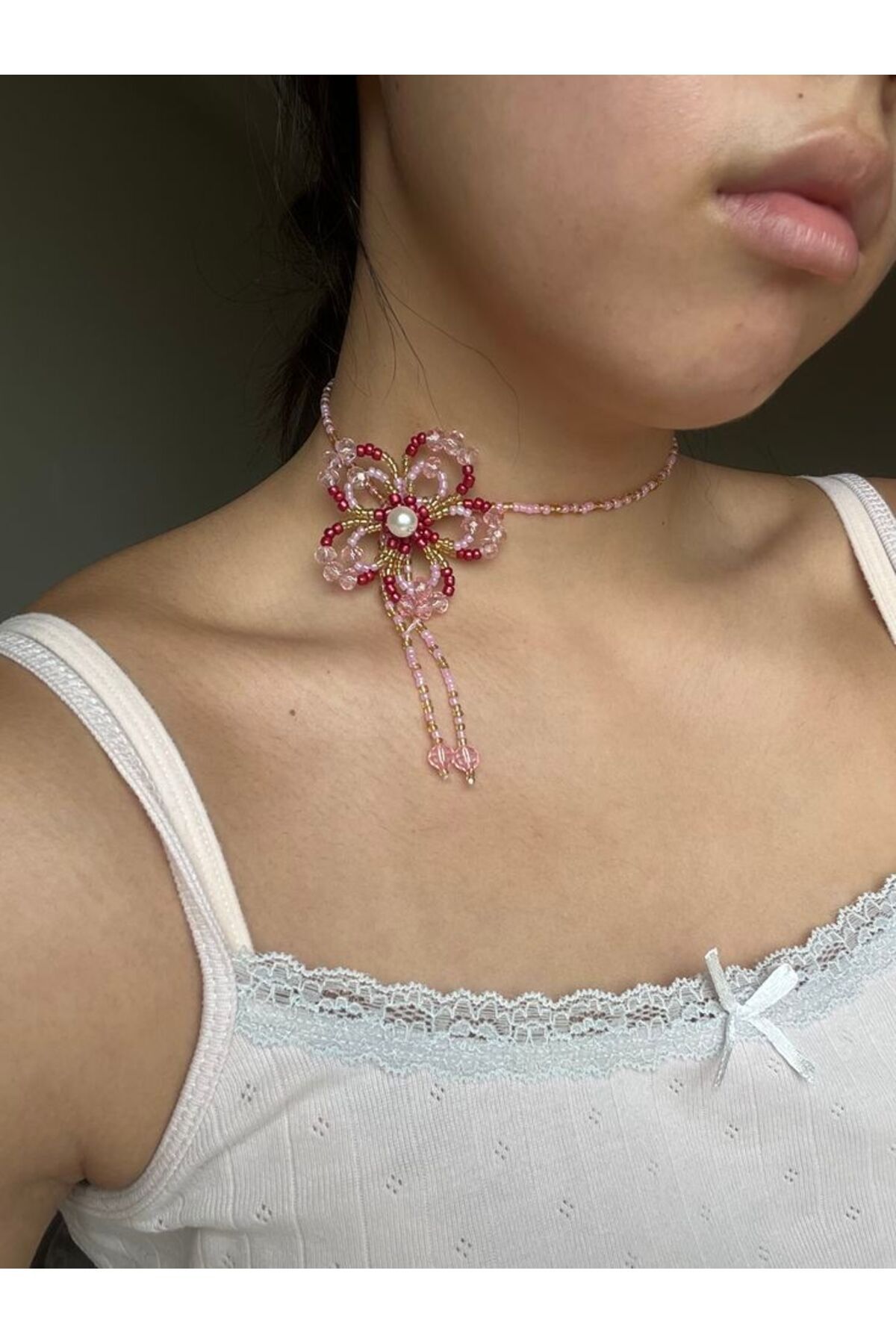 SHİNELİZE Pembe çiçek boncuk kolye, pembe boncuk choker kolye, pembe çiçek kolye, el yapımı