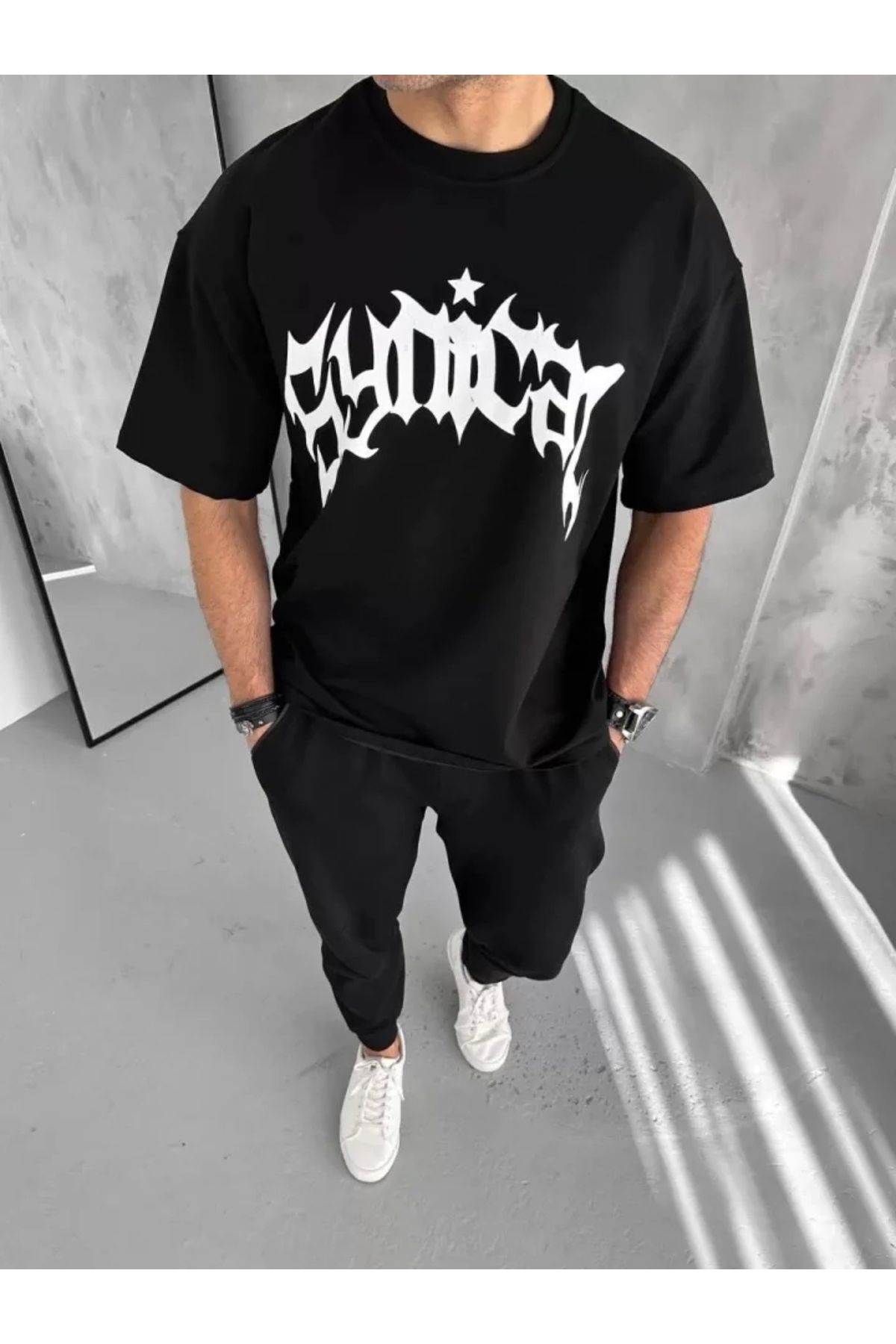 Silerra Unisex Bisiklet Yaka Baskılı Oversize T-Shirt - Siyah