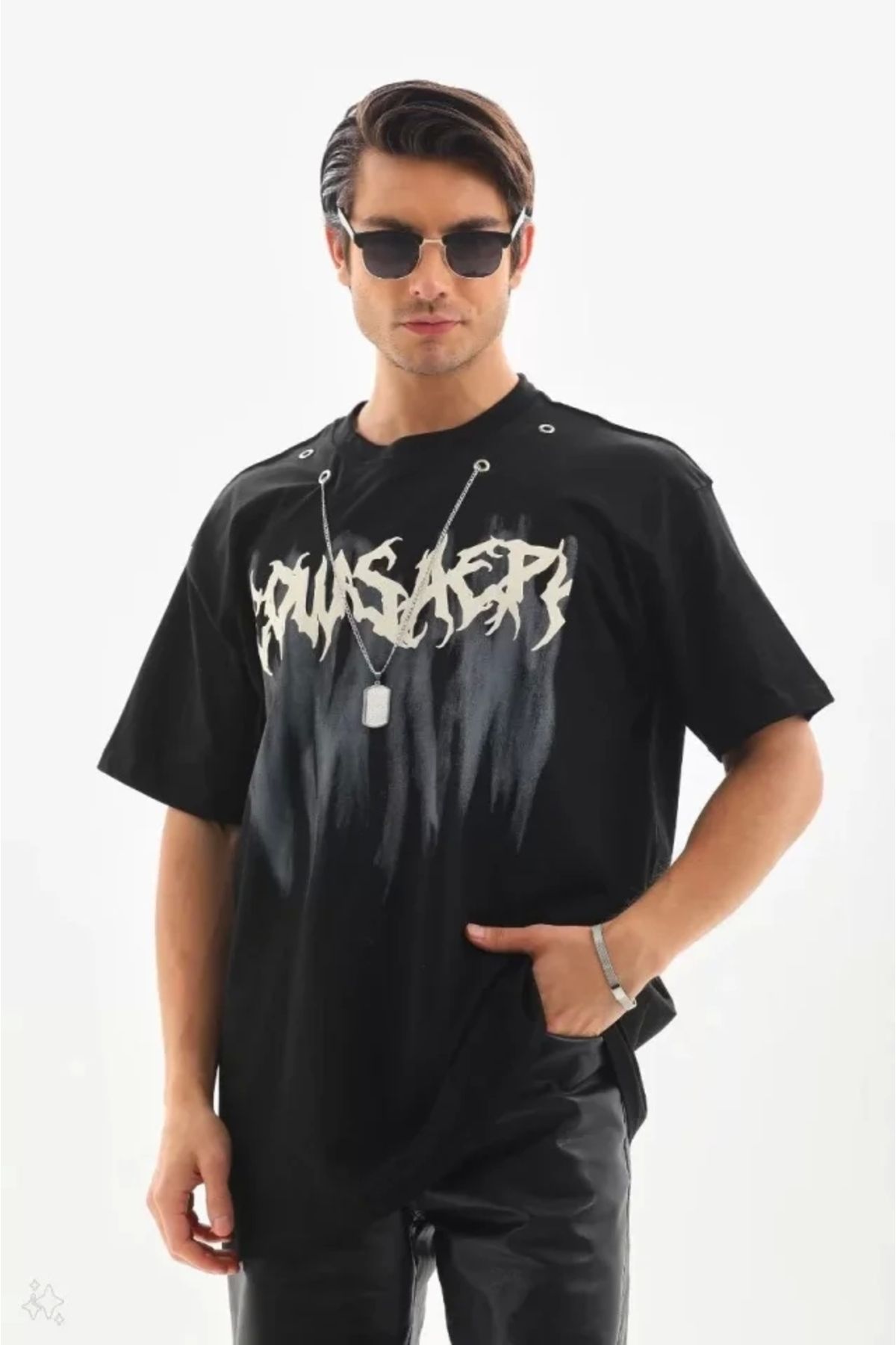 Silerra Unisex Oversize Kolye Dahil T-Shirt - Siyah